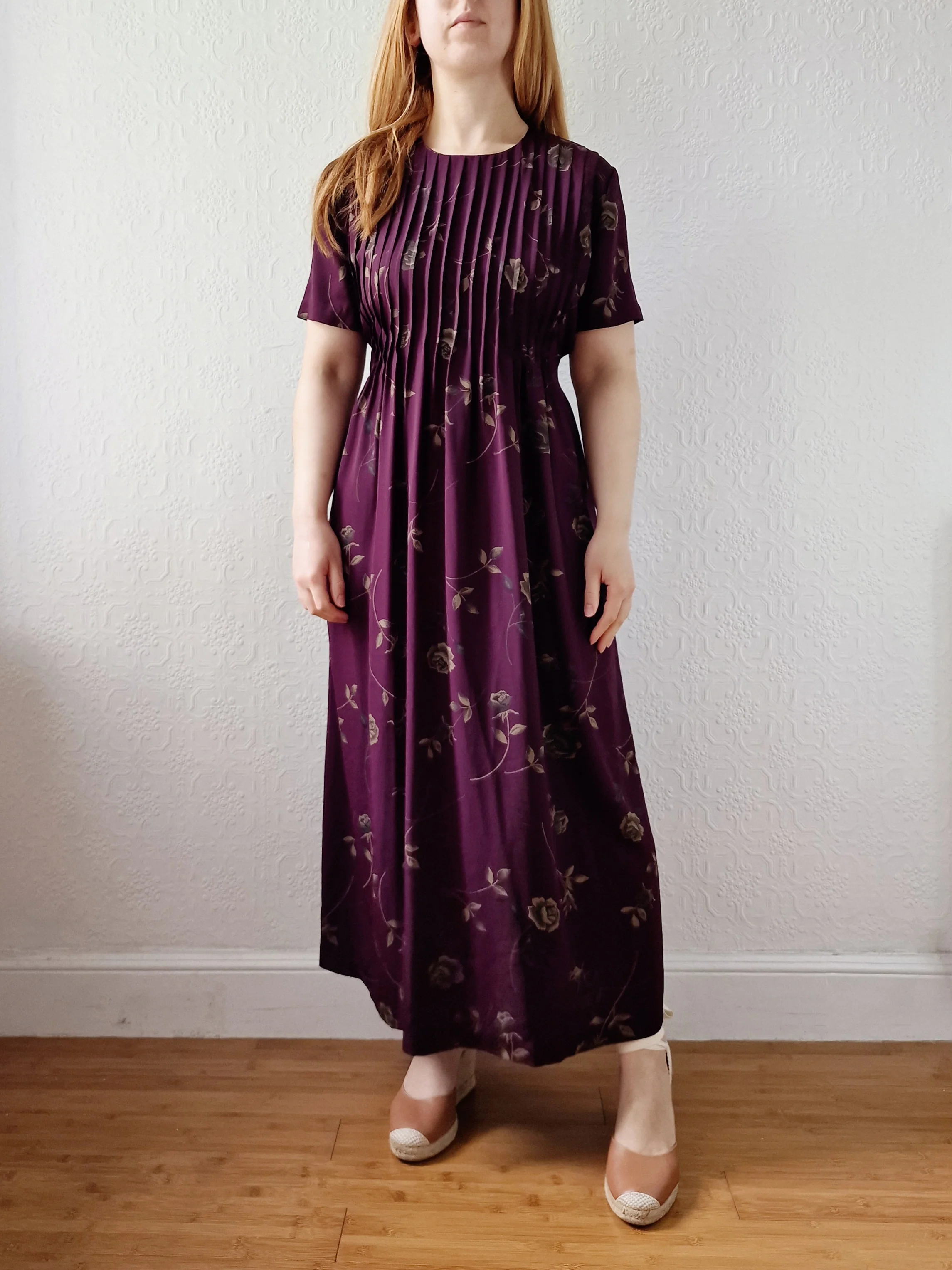 Vintage 90s Deep Purple Floral Midi Dress with Short Sleeves - S/M - Image 6