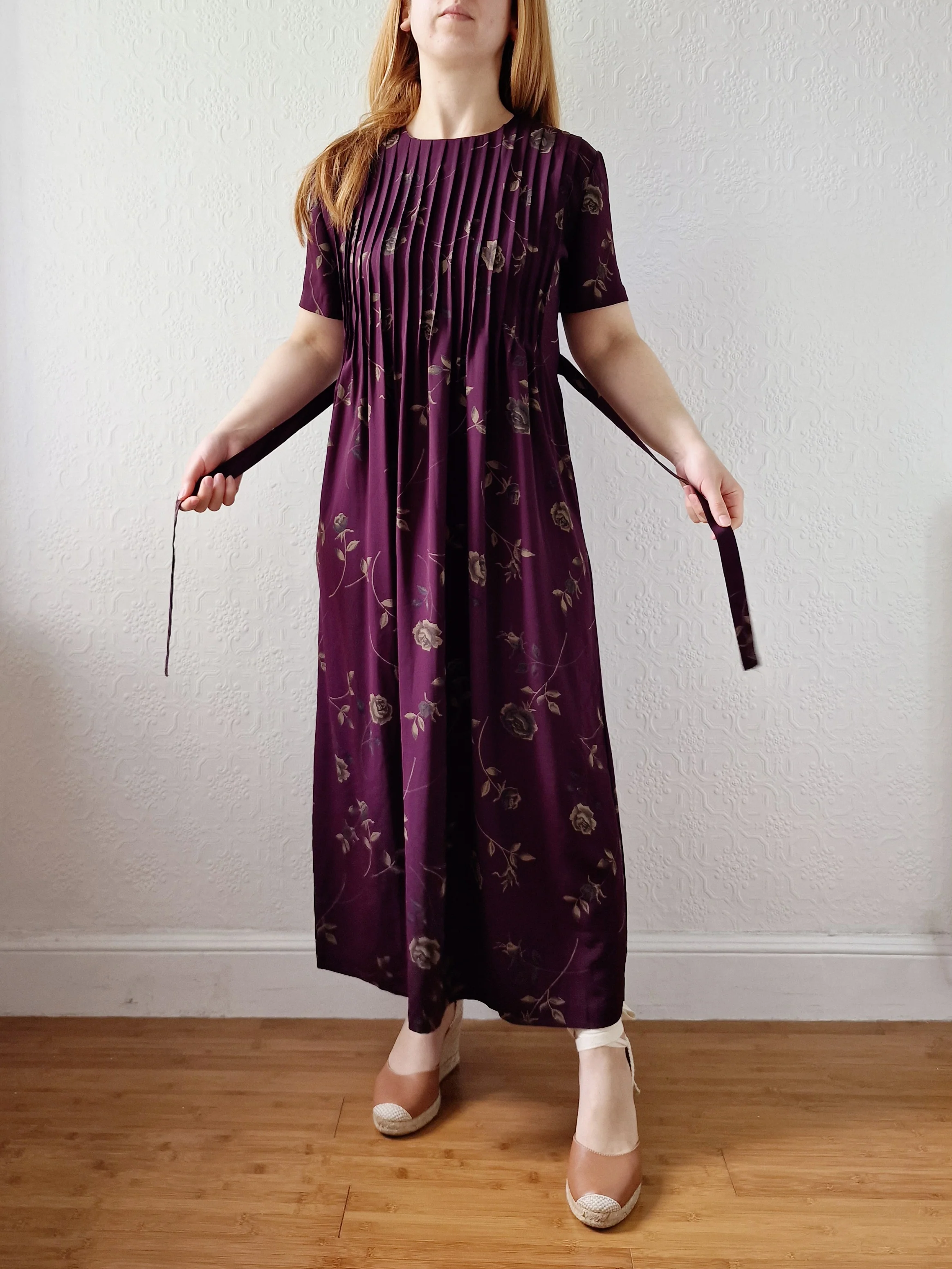 Vintage 90s Deep Purple Floral Midi Dress with Short Sleeves - S/M - Image 7