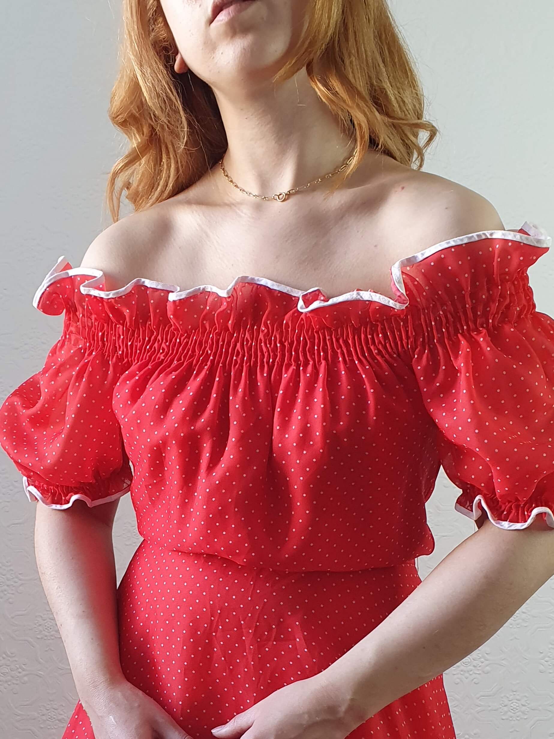 Vintage 70s Designer Red Polka Dot & Puff Sleeve Maxi Dress - M