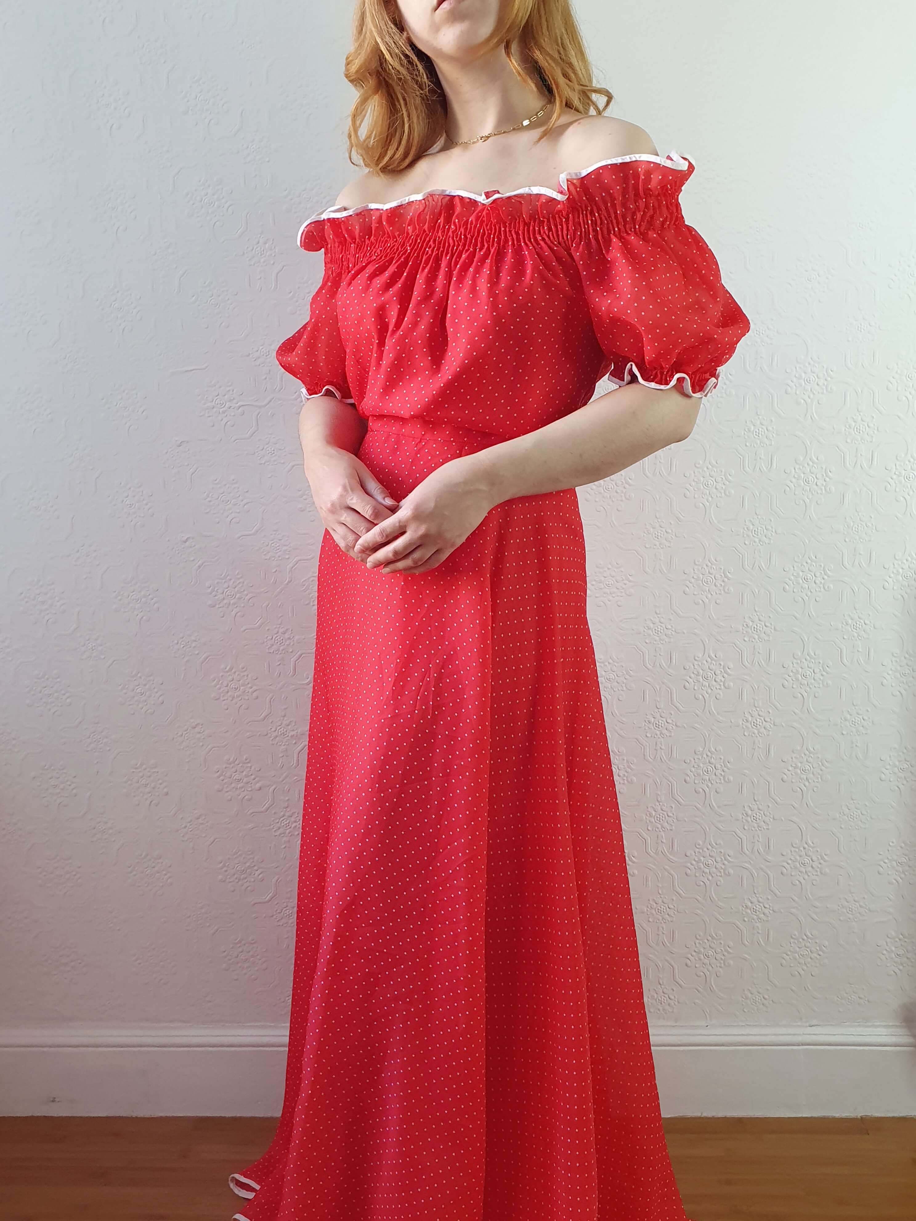Vintage 70s Designer Red Polka Dot & Puff Sleeve Maxi Dress - M - Image 2