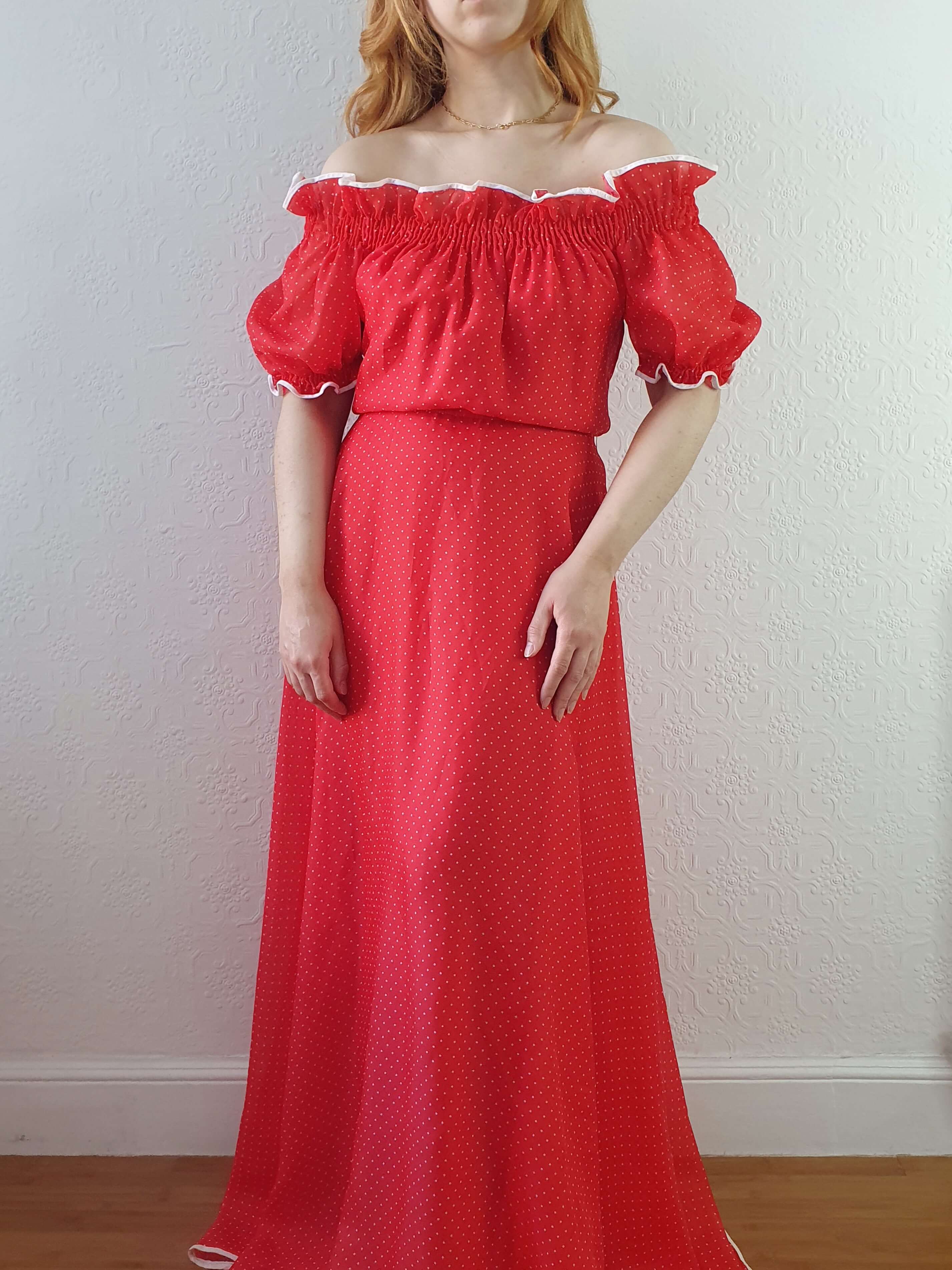 Vintage 70s Designer Red Polka Dot & Puff Sleeve Maxi Dress - M - Image 3