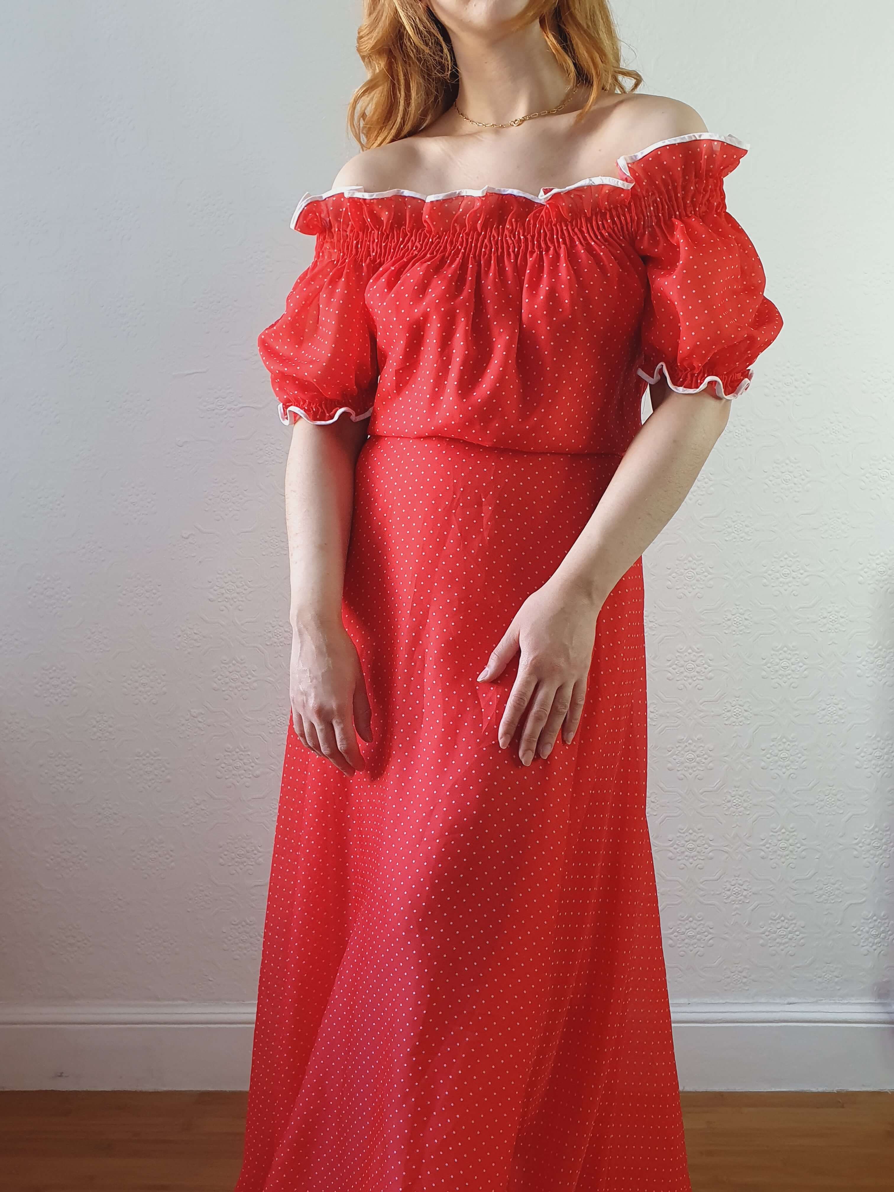 Vintage 70s Designer Red Polka Dot & Puff Sleeve Maxi Dress - M - Image 4