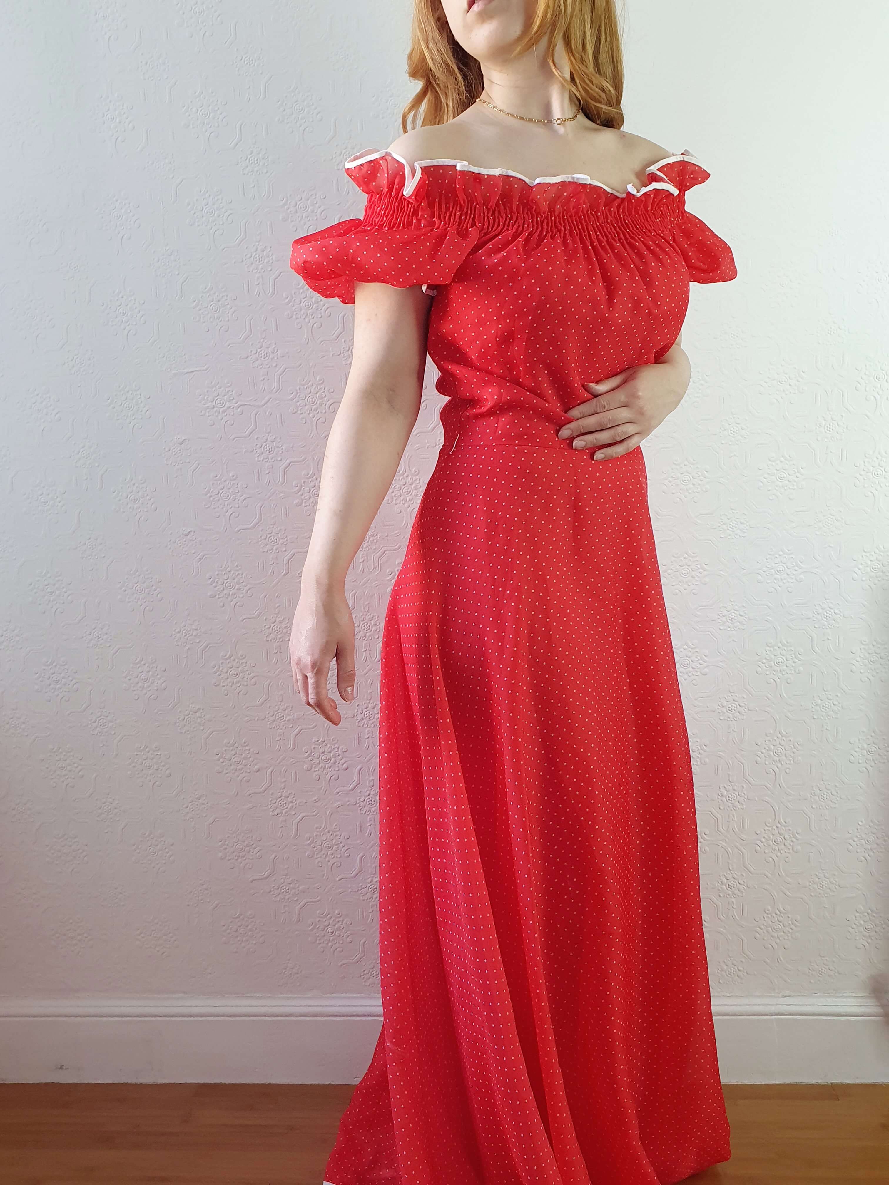 Vintage 70s Designer Red Polka Dot & Puff Sleeve Maxi Dress - M - Image 5