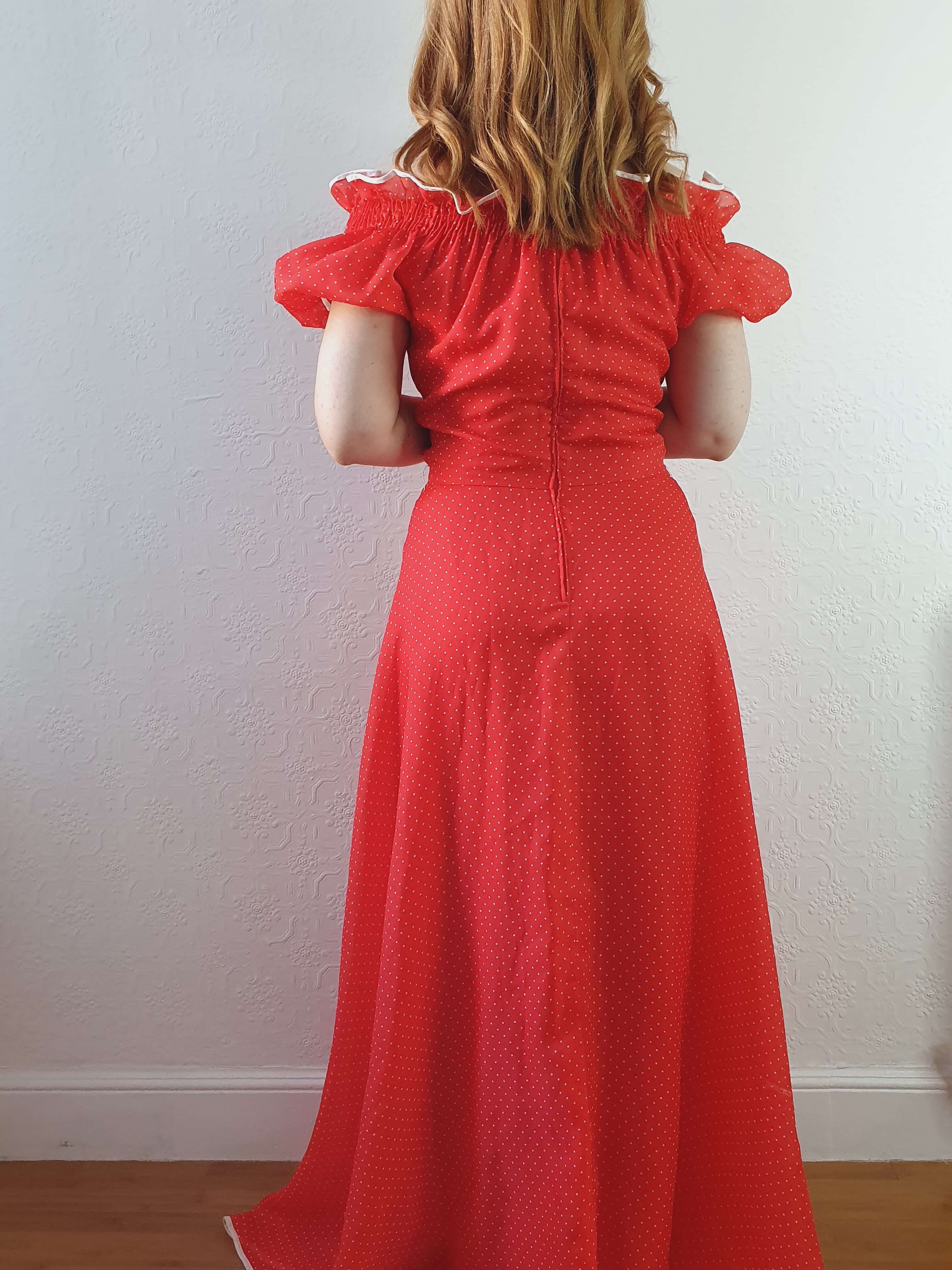 Vintage 70s Designer Red Polka Dot & Puff Sleeve Maxi Dress - M - Image 6