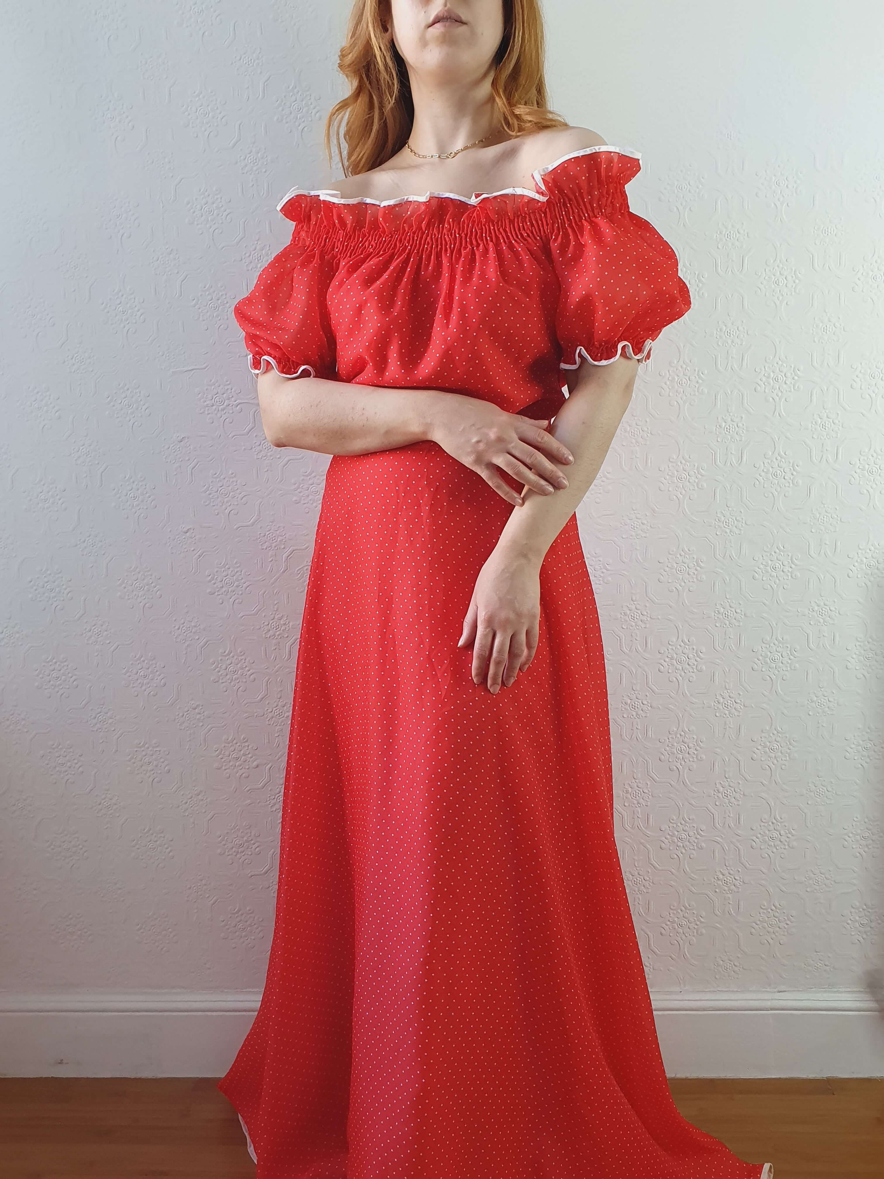 Vintage 70s Designer Red Polka Dot & Puff Sleeve Maxi Dress - M - Image 7