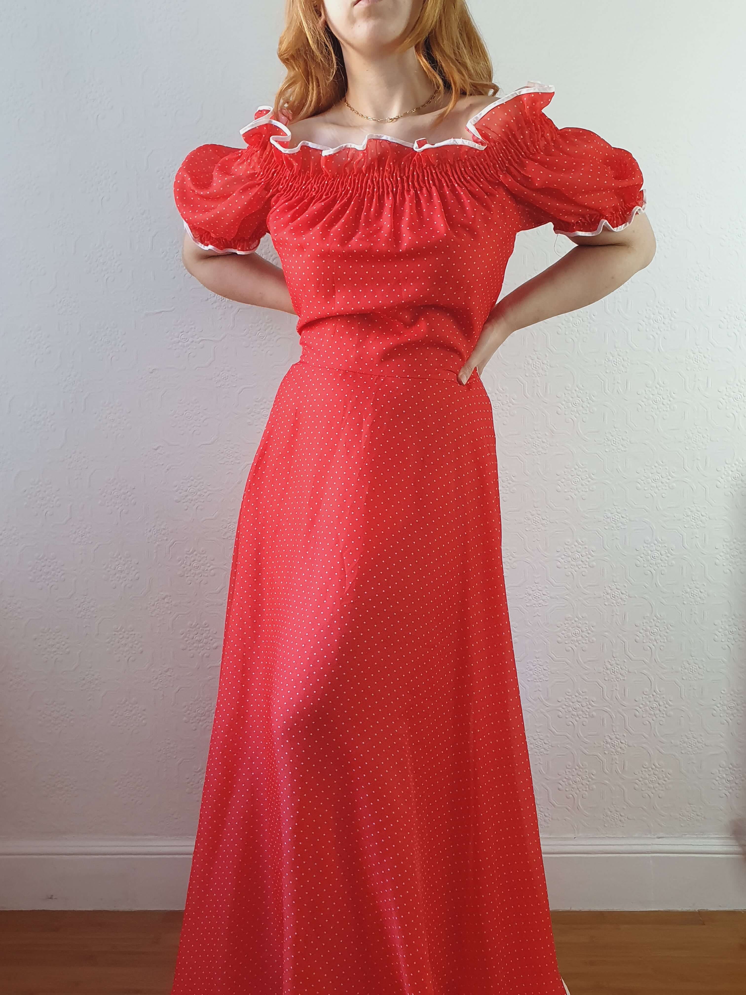 Vintage 70s Designer Red Polka Dot & Puff Sleeve Maxi Dress - M - Image 8