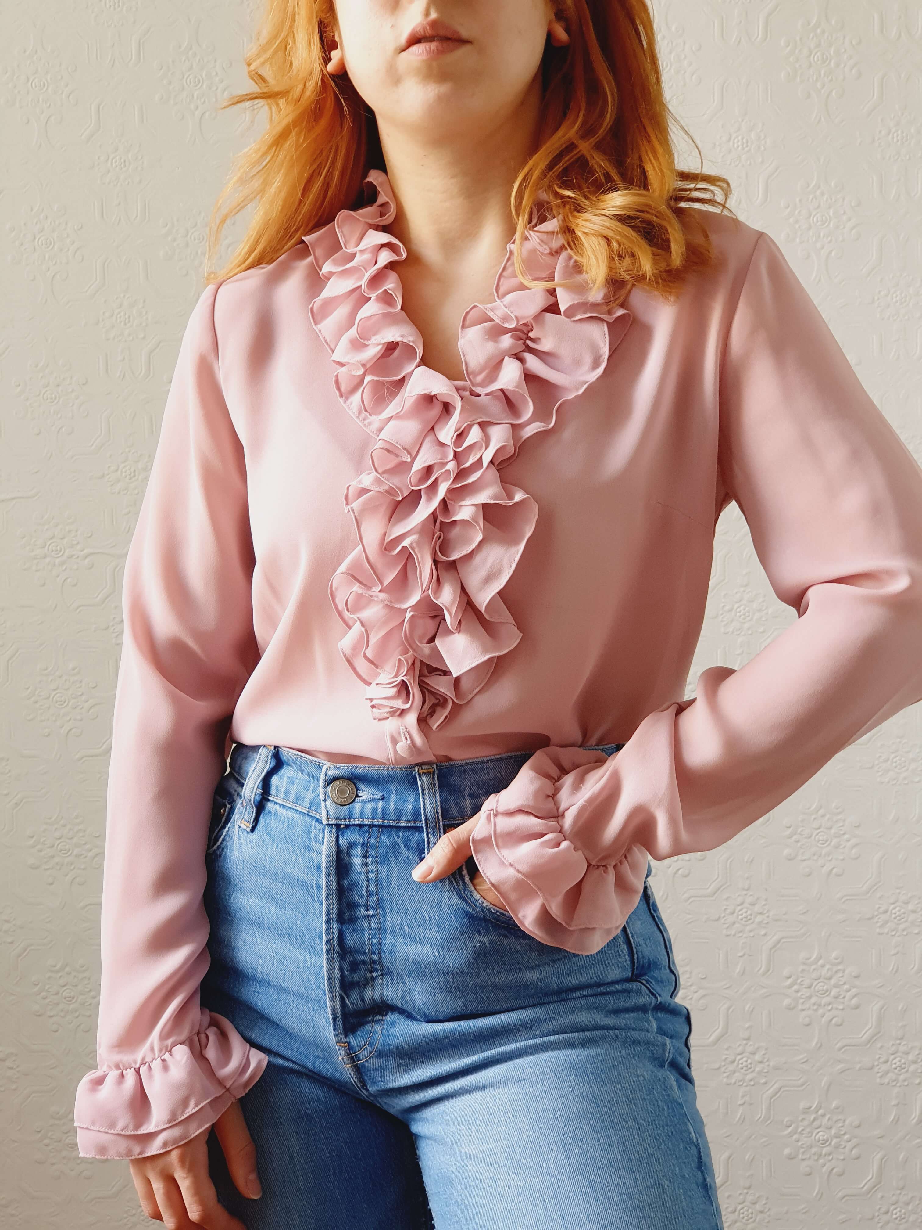 Vintage 70s Elsie Whiteley Pink Blouse with Ruffles - XS/S