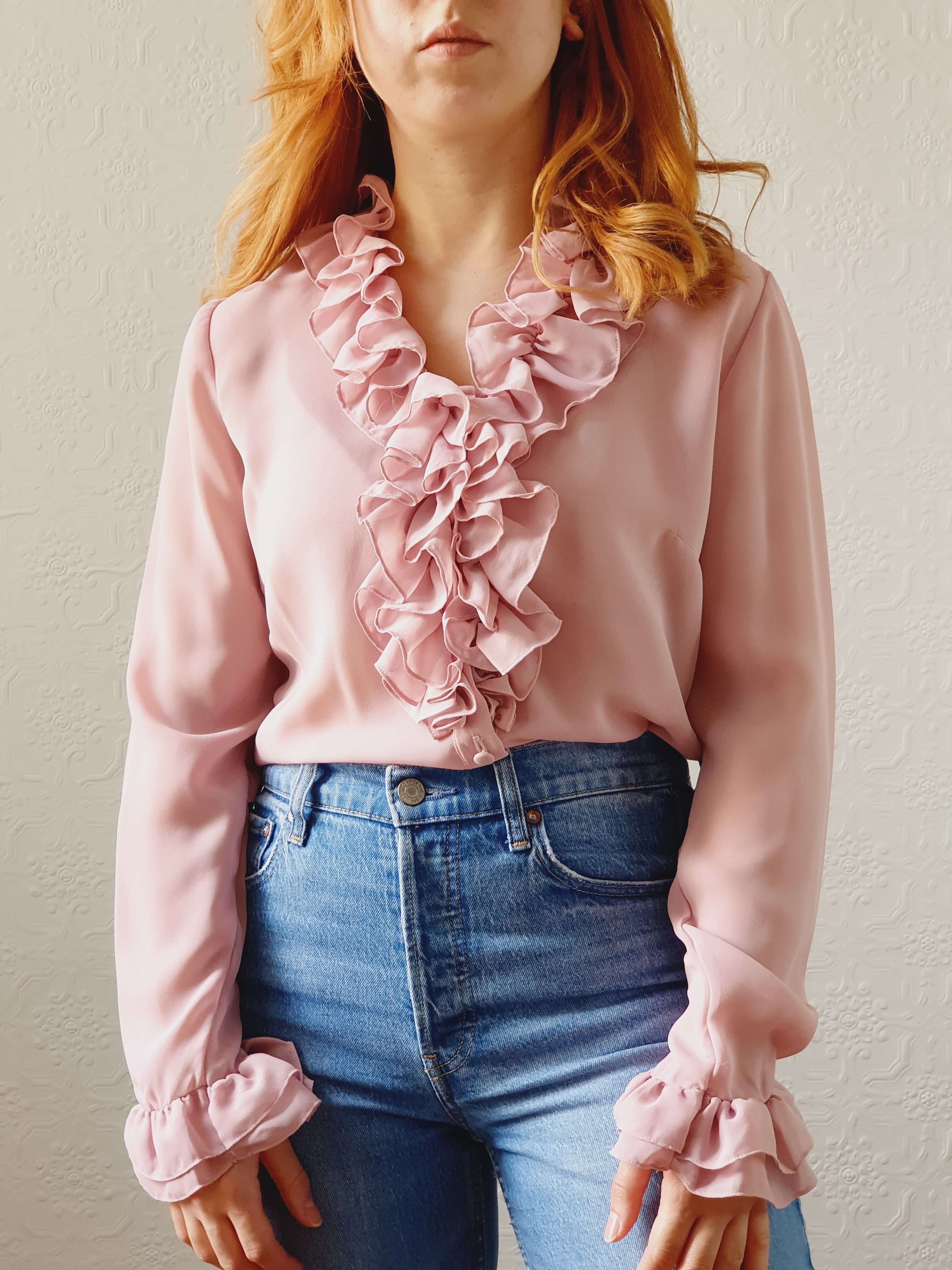 Vintage 70s Elsie Whiteley Pink Blouse with Ruffles - XS/S - Image 2