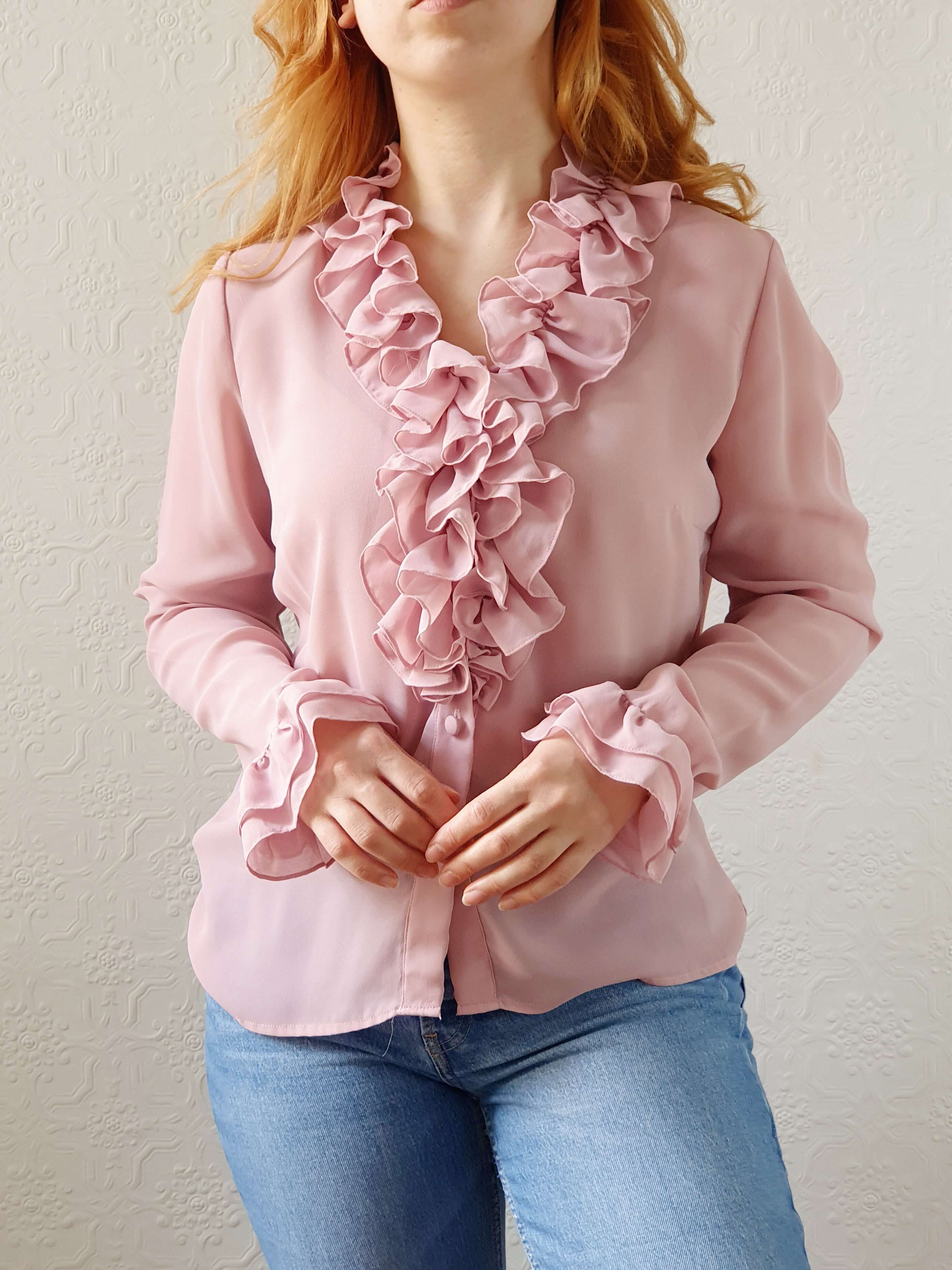 Vintage 70s Elsie Whiteley Pink Blouse with Ruffles - XS/S - Image 4