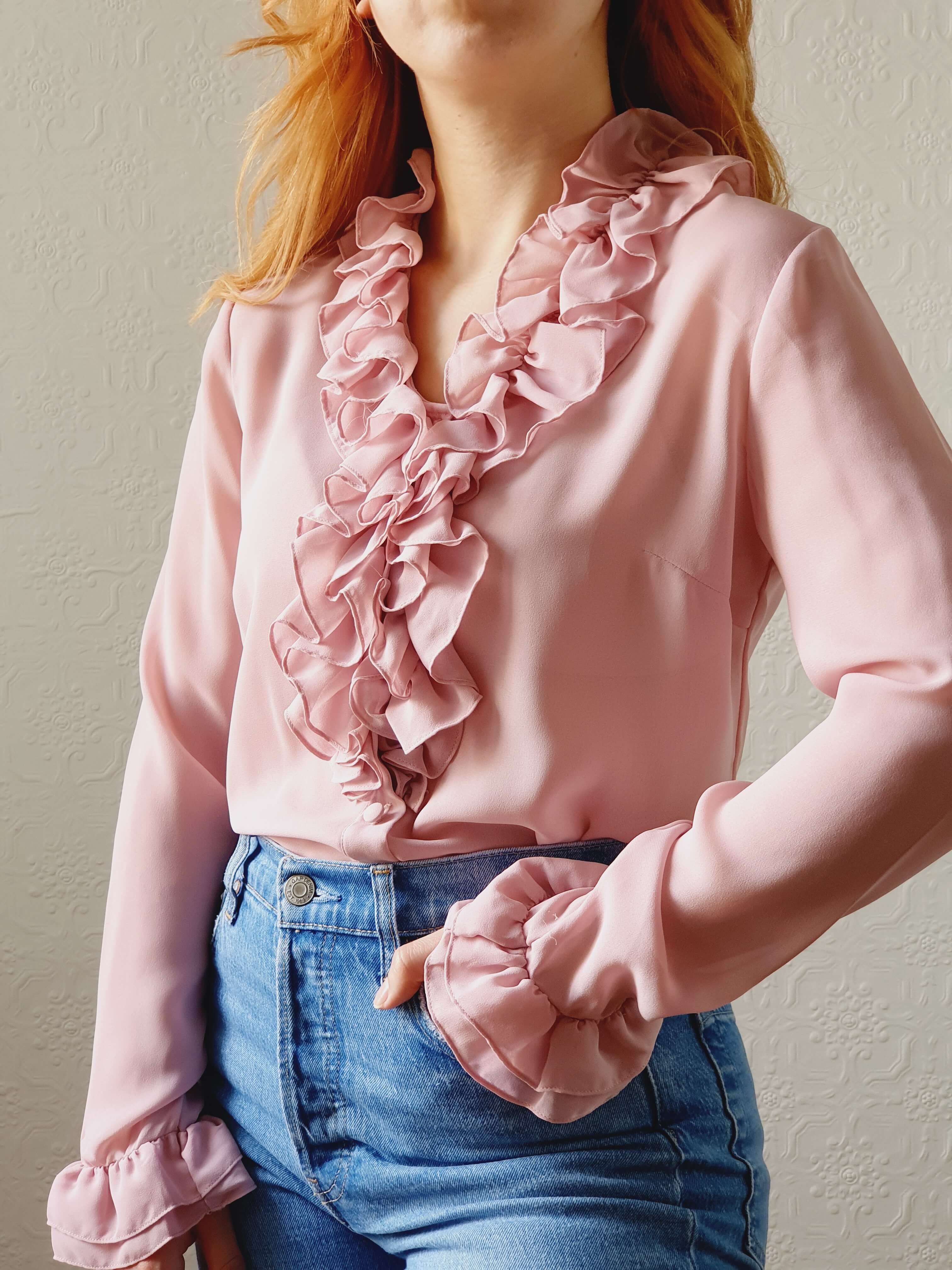 Vintage 70s Elsie Whiteley Pink Blouse with Ruffles - XS/S - Image 5