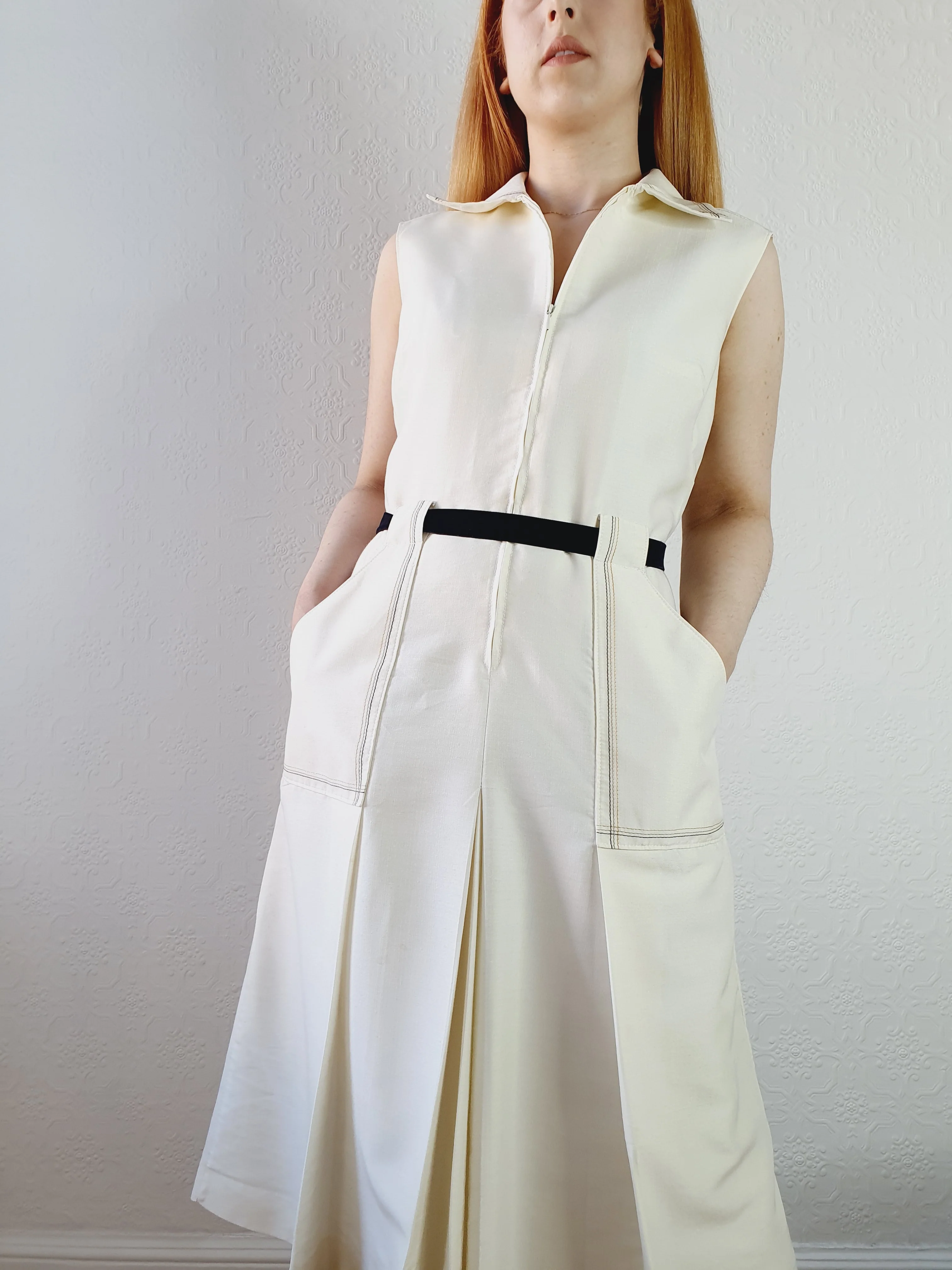 Vintage 70s Front Pleated Silk Blend Midi Dress - M - Image 2