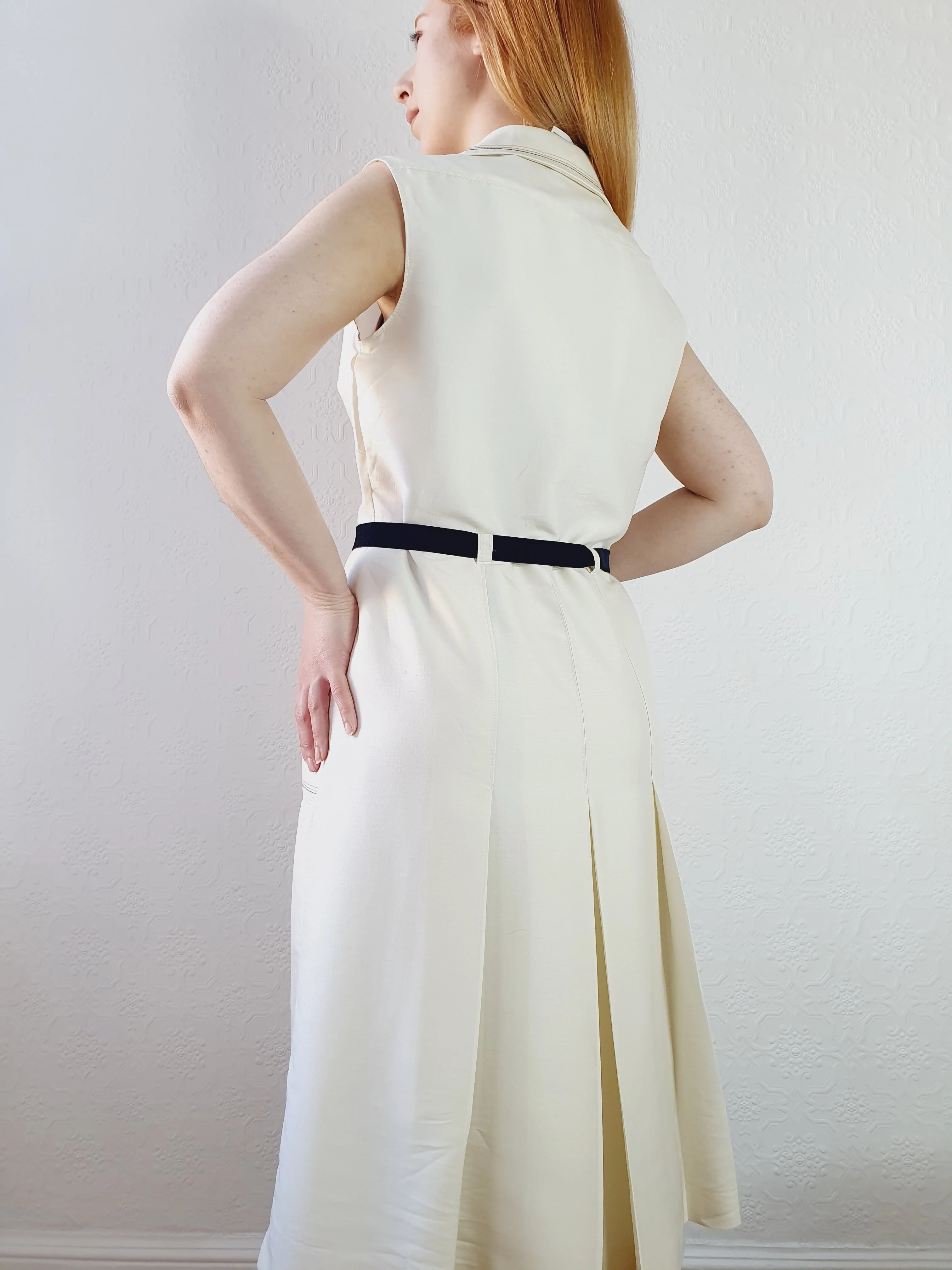 Vintage 70s Front Pleated Silk Blend Midi Dress - M - Image 3