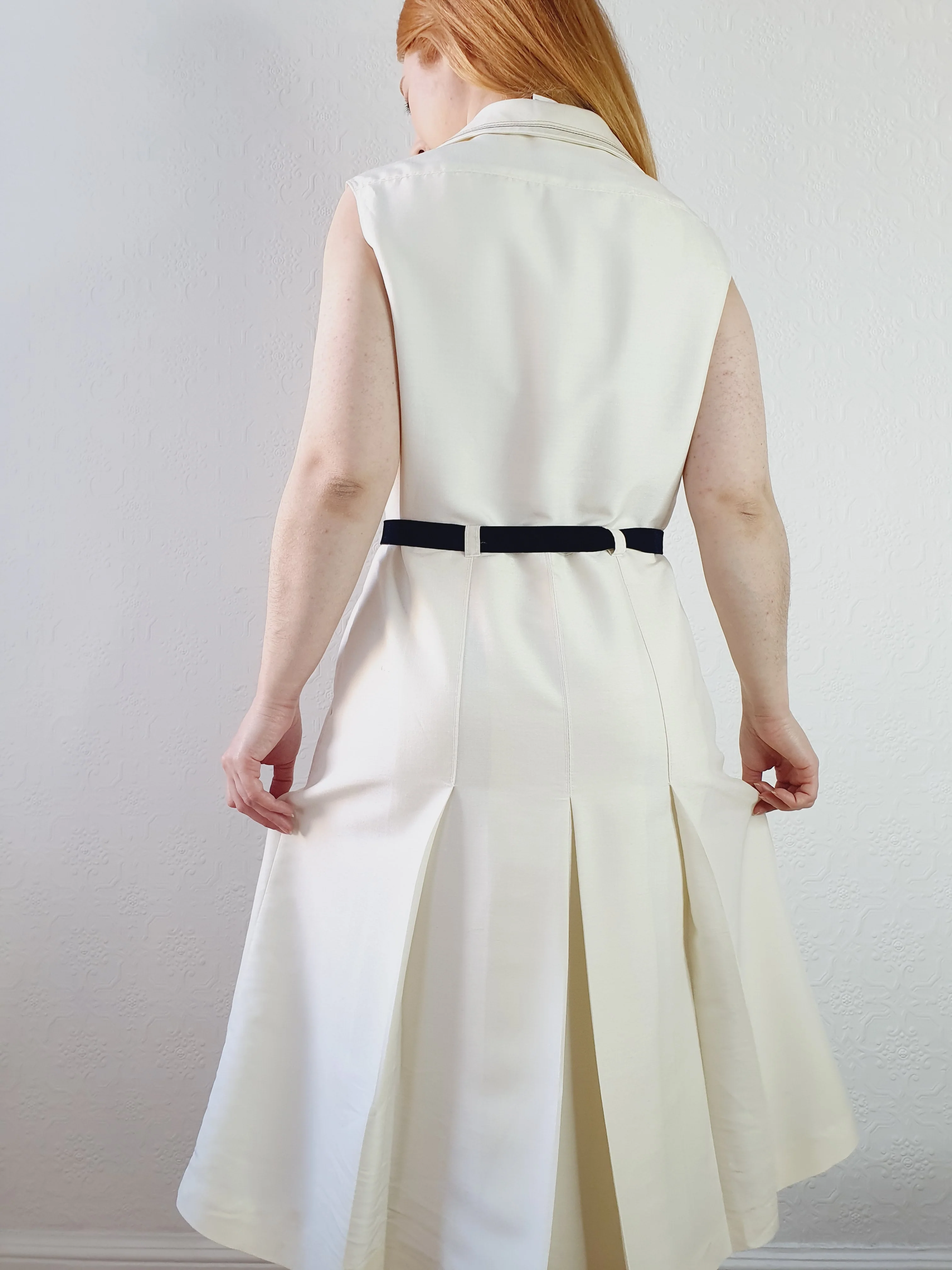 Vintage 70s Front Pleated Silk Blend Midi Dress - M - Image 4