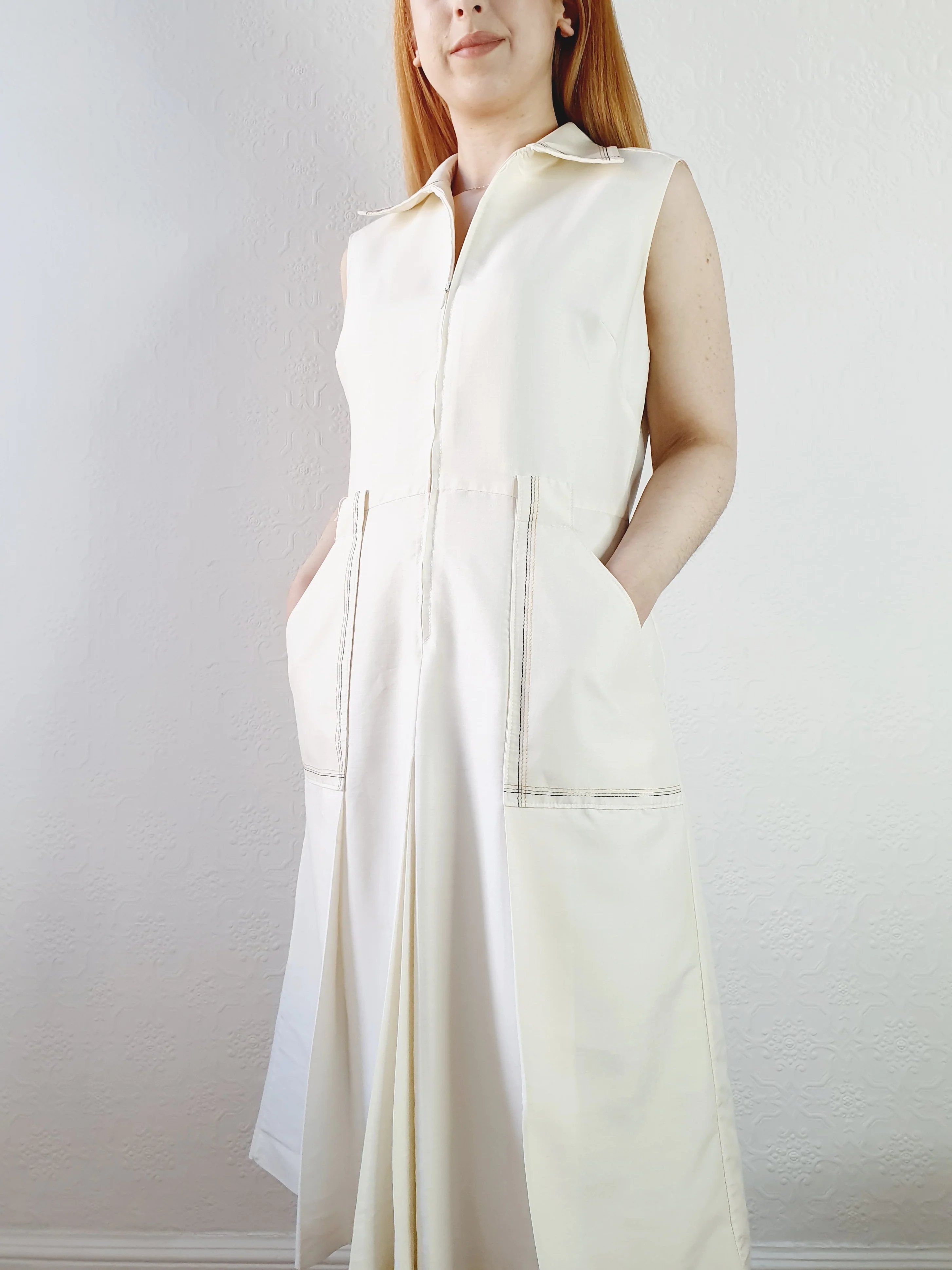 Vintage 70s Front Pleated Silk Blend Midi Dress - M - Image 5