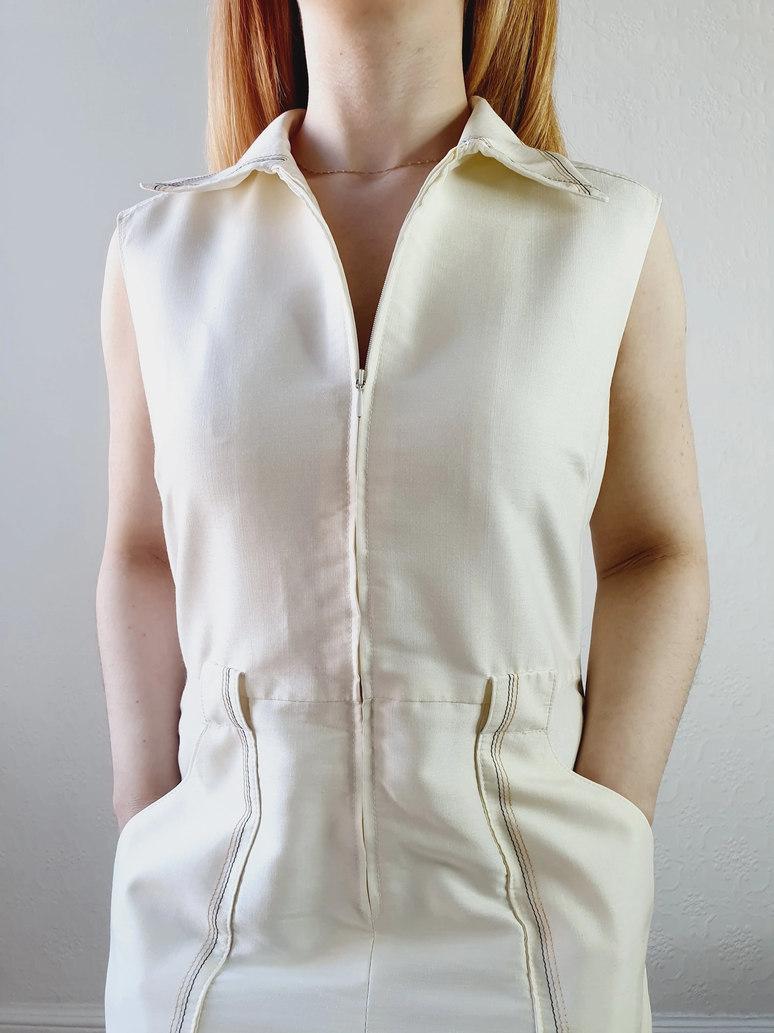 Vintage 70s Front Pleated Silk Blend Midi Dress - M - Image 7