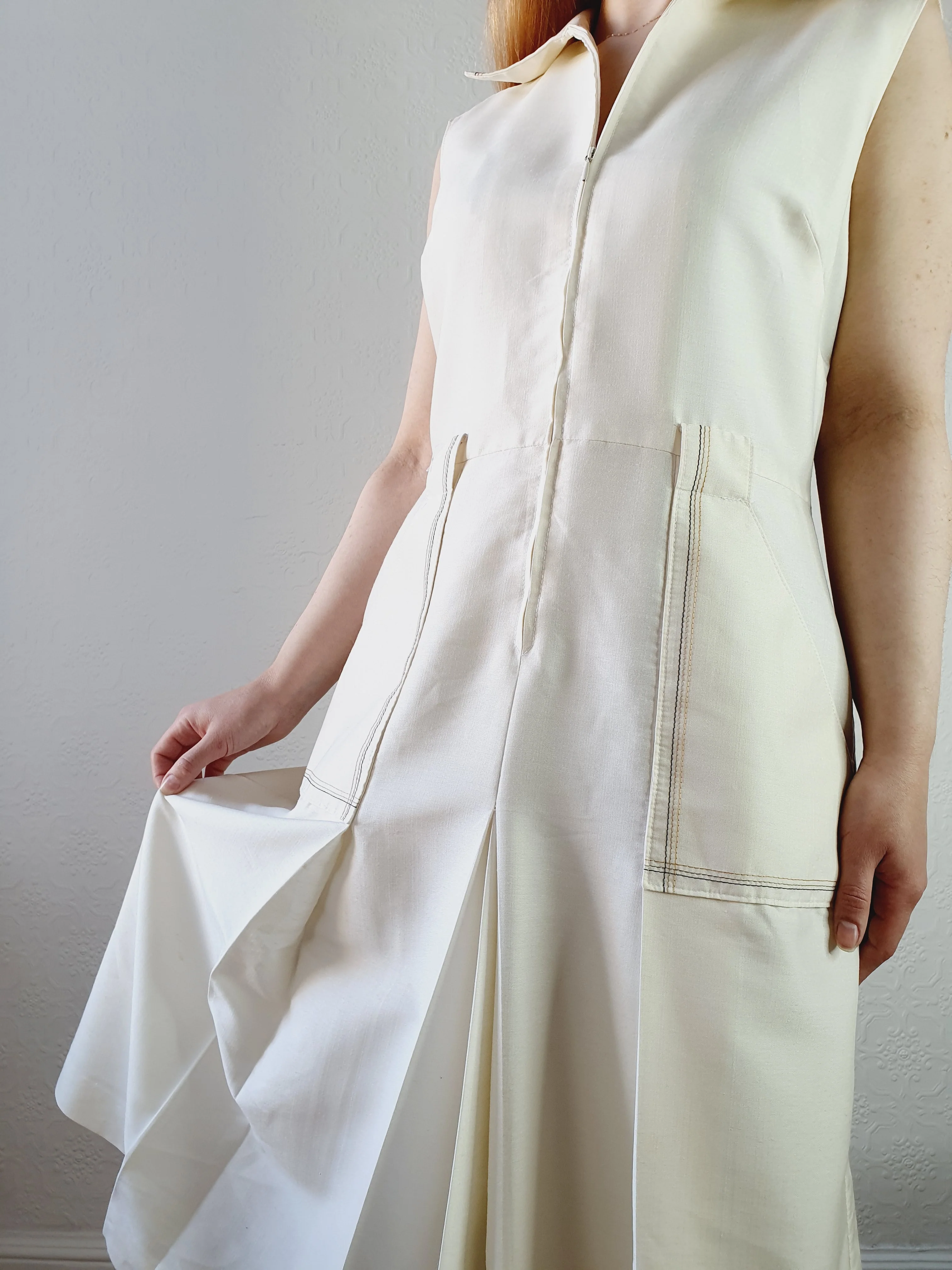 Vintage 70s Front Pleated Silk Blend Midi Dress - M - Image 8