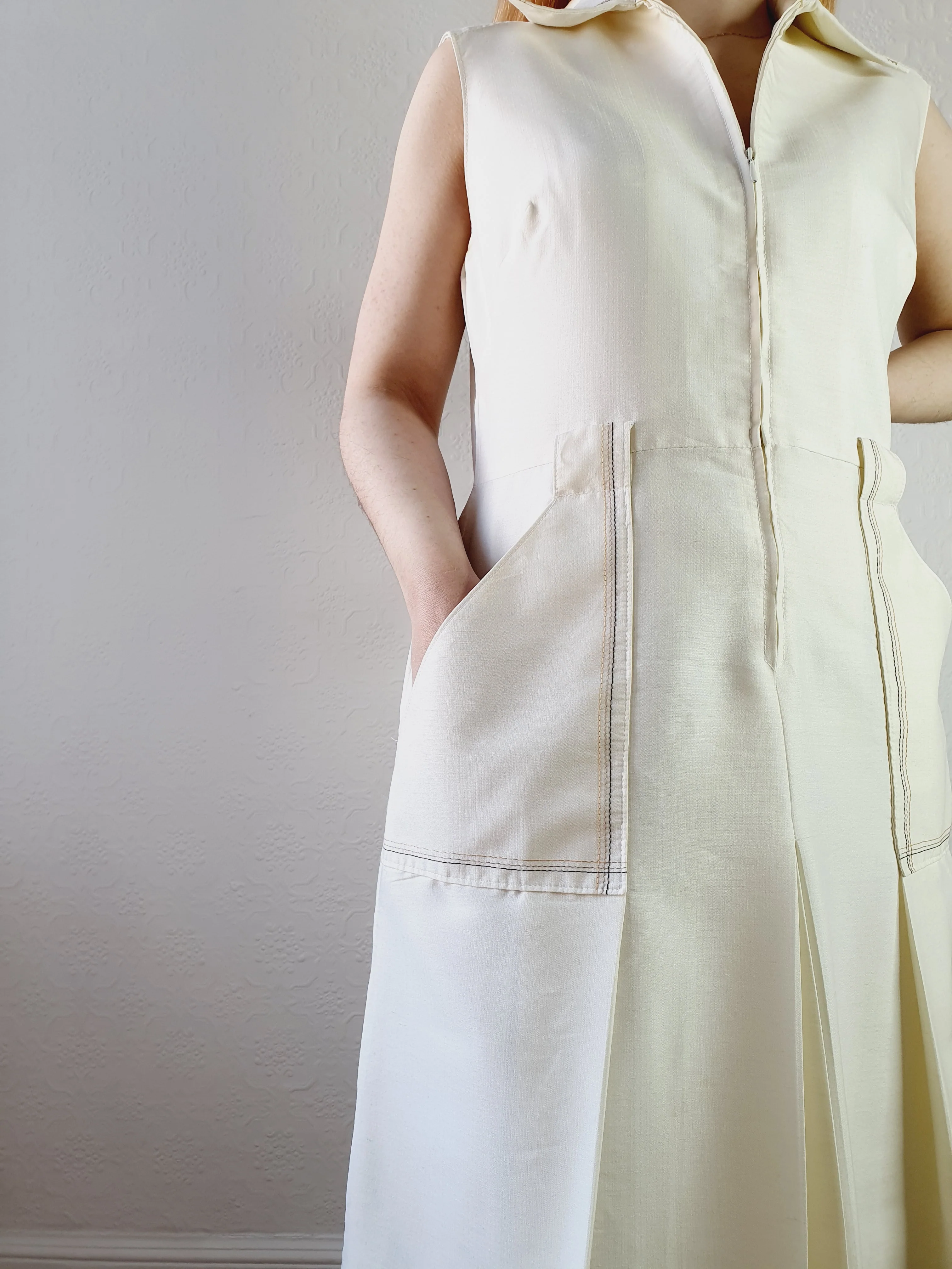 Vintage 70s Front Pleated Silk Blend Midi Dress - M - Image 9