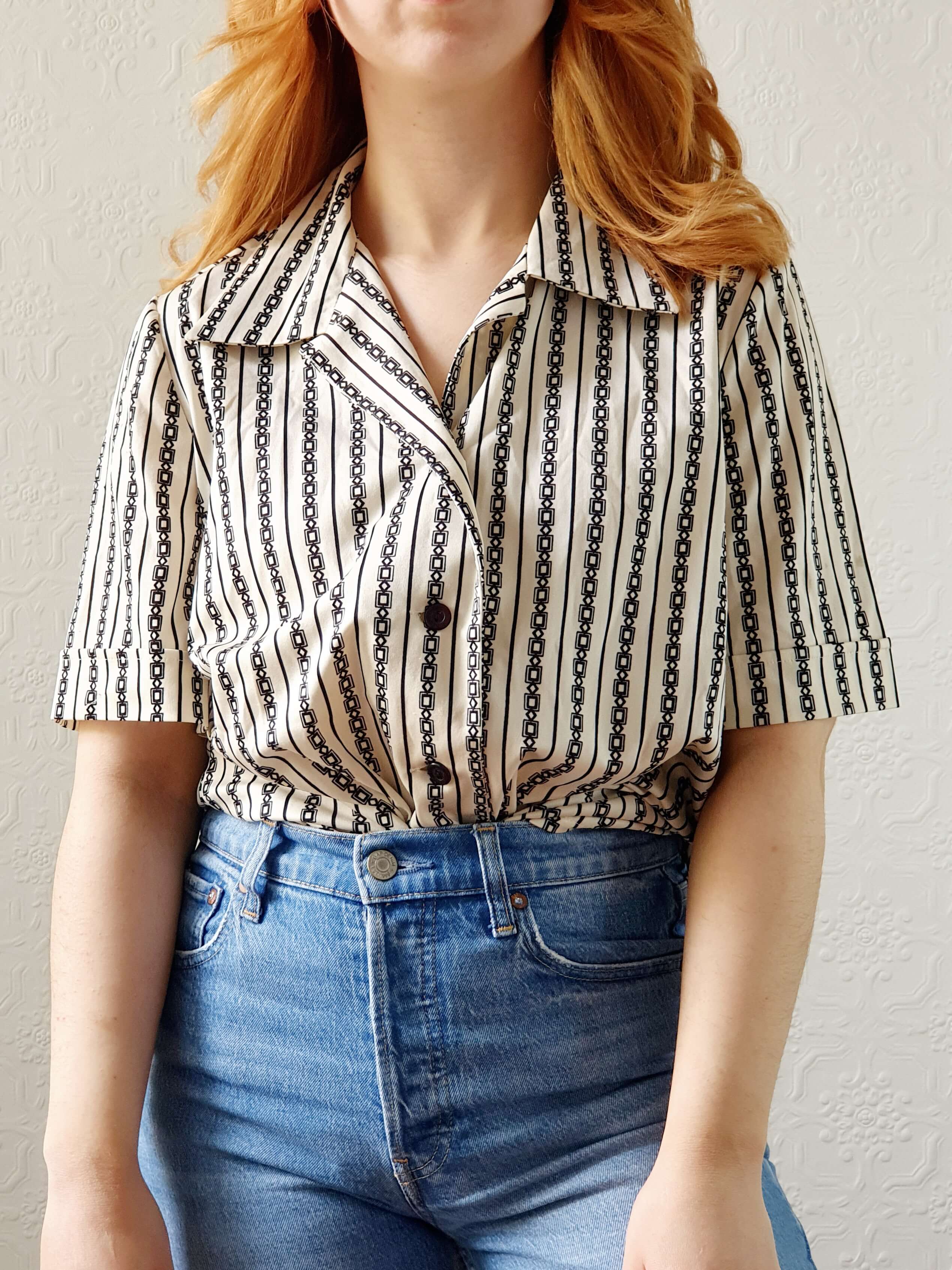 Vintage 70s Geometric Short Sleeve Blouse - L/XL