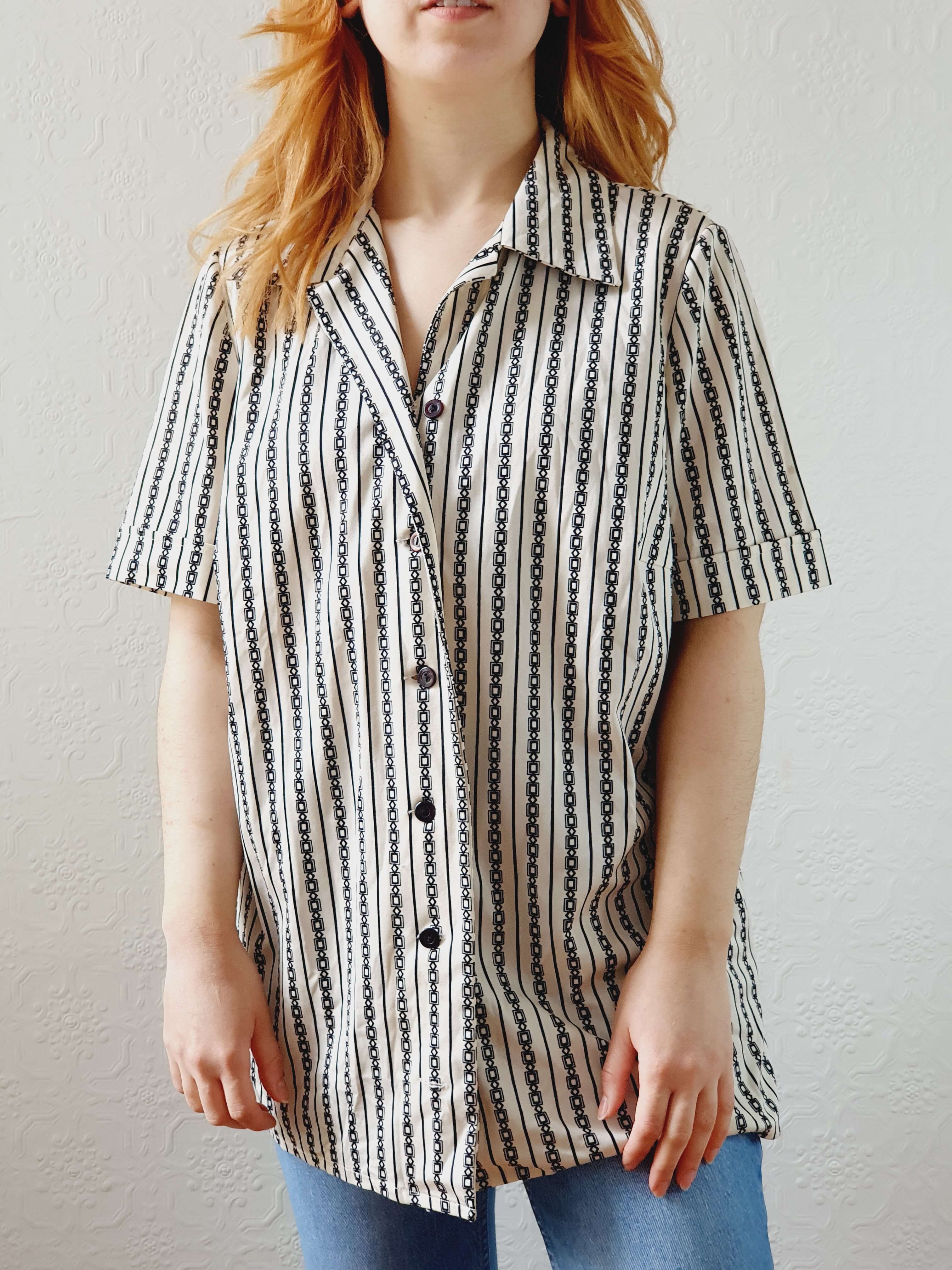 Vintage 70s Geometric Short Sleeve Blouse - L/XL - Image 11