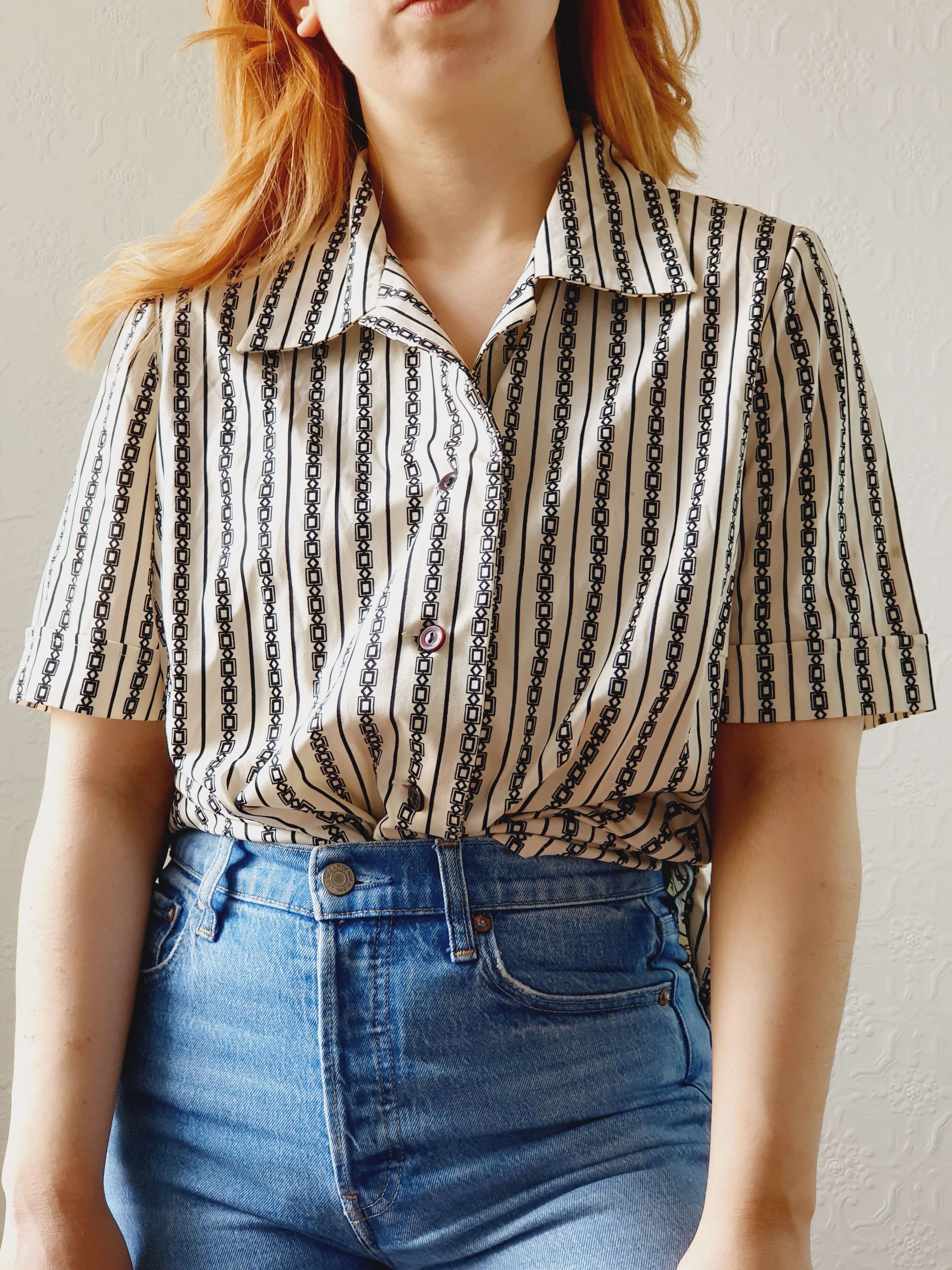 Vintage 70s Geometric Short Sleeve Blouse - L/XL - Image 2