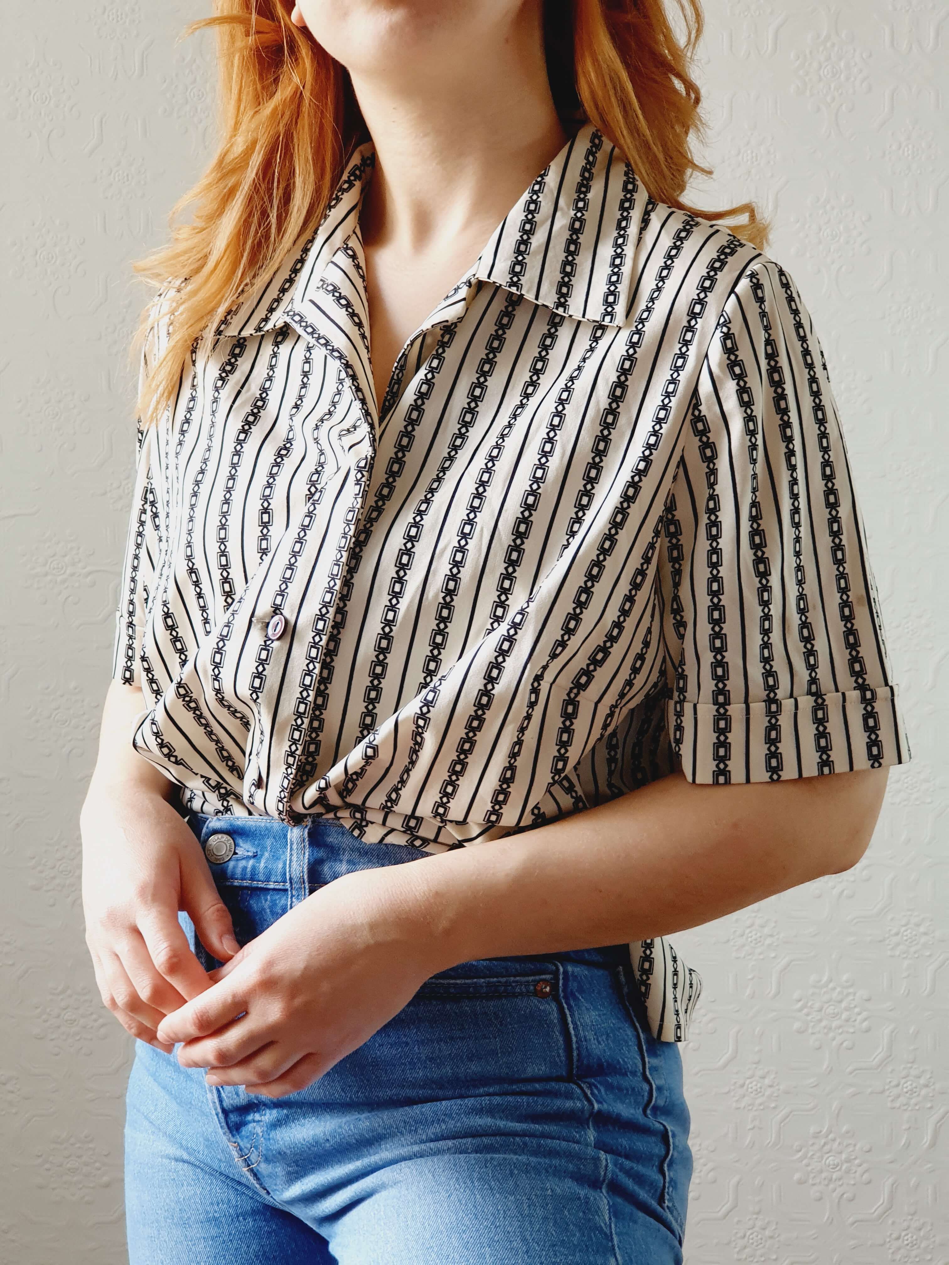Vintage 70s Geometric Short Sleeve Blouse - L/XL - Image 3