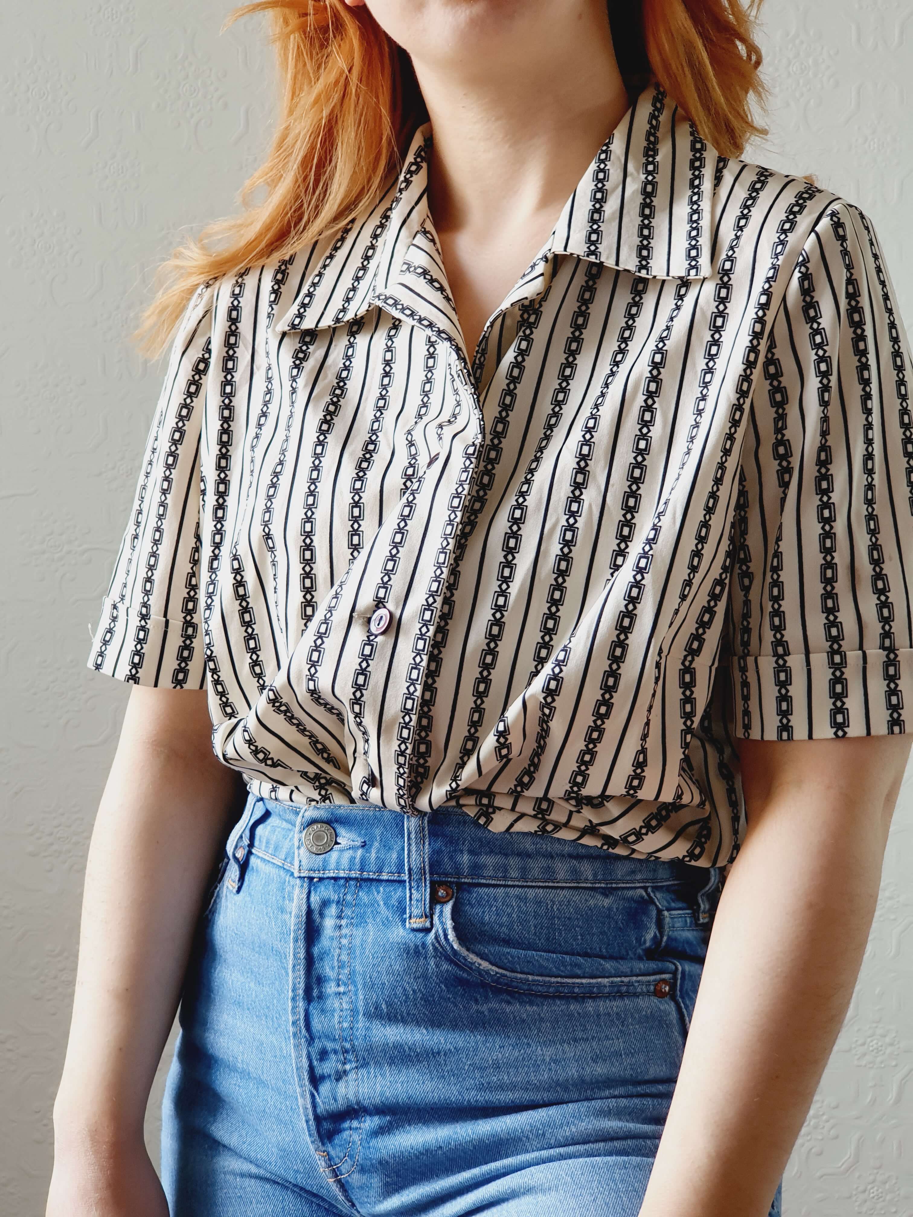 Vintage 70s Geometric Short Sleeve Blouse - L/XL - Image 4