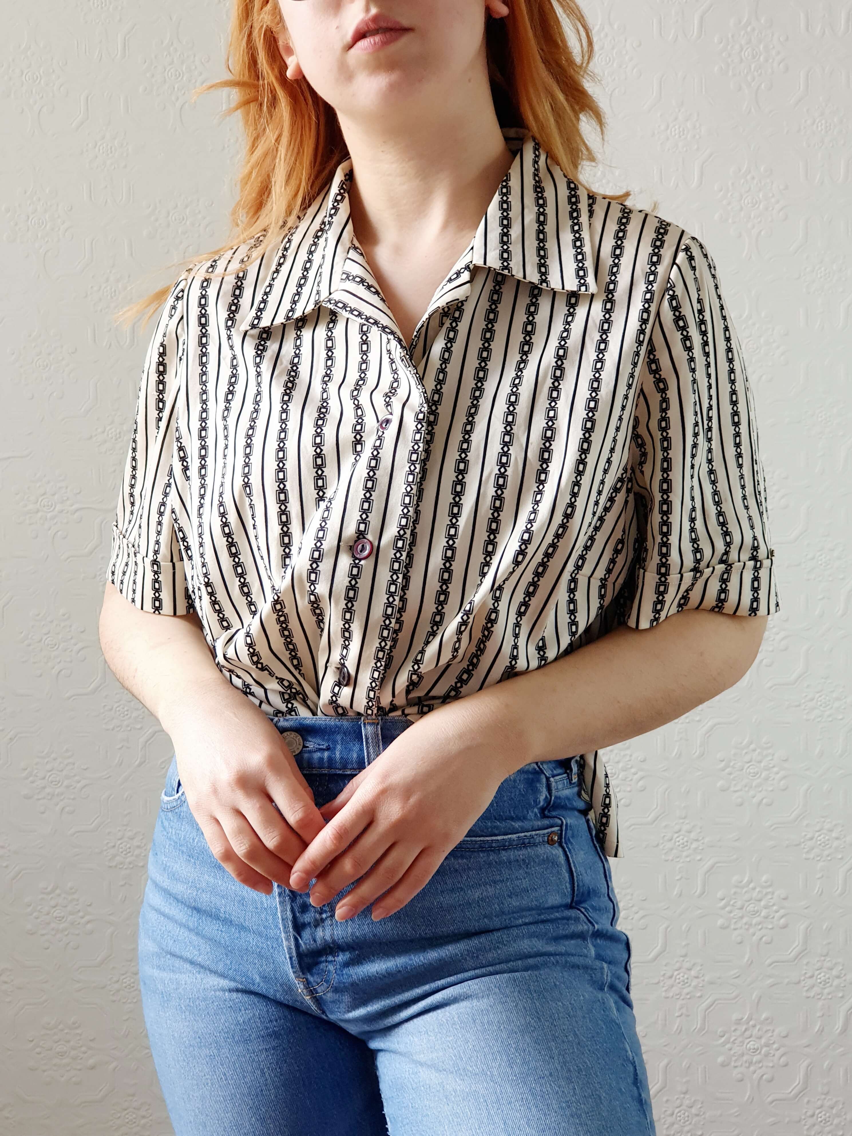 Vintage 70s Geometric Short Sleeve Blouse - L/XL - Image 5