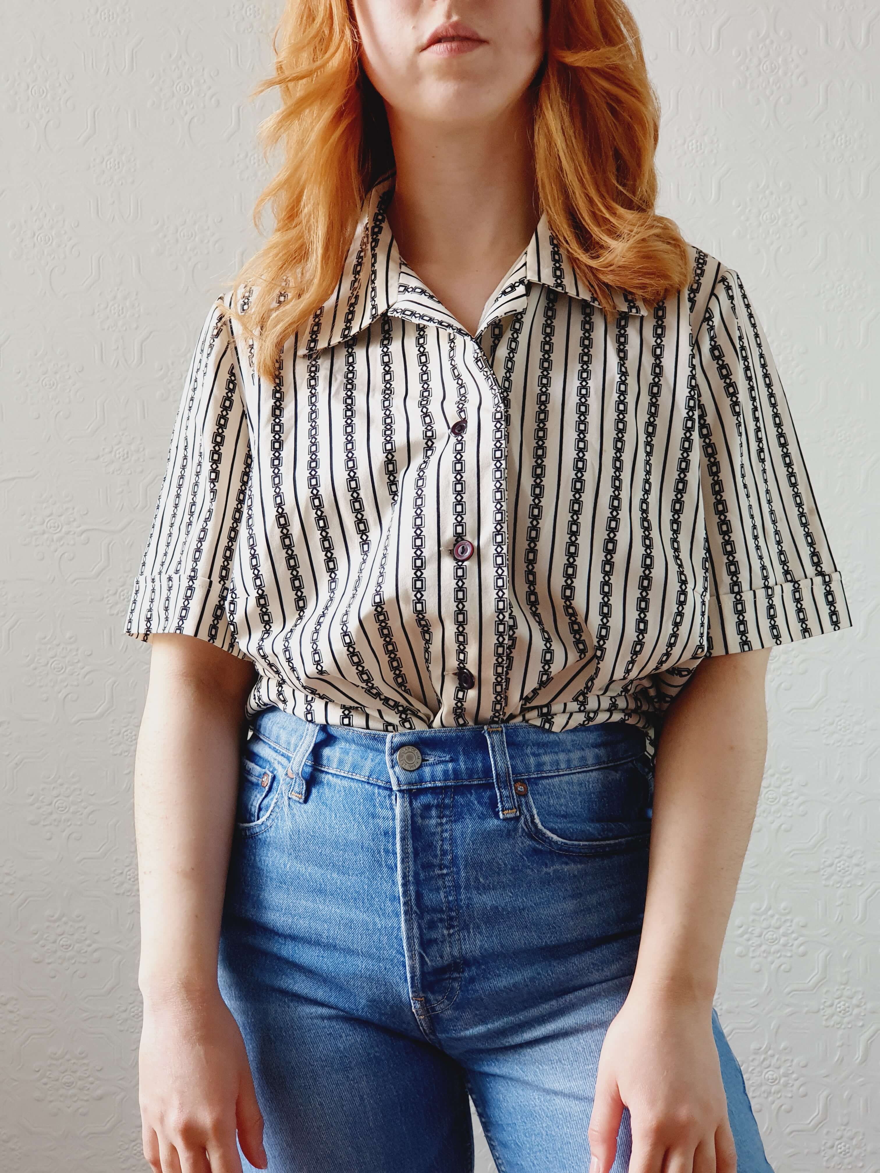 Vintage 70s Geometric Short Sleeve Blouse - L/XL - Image 6
