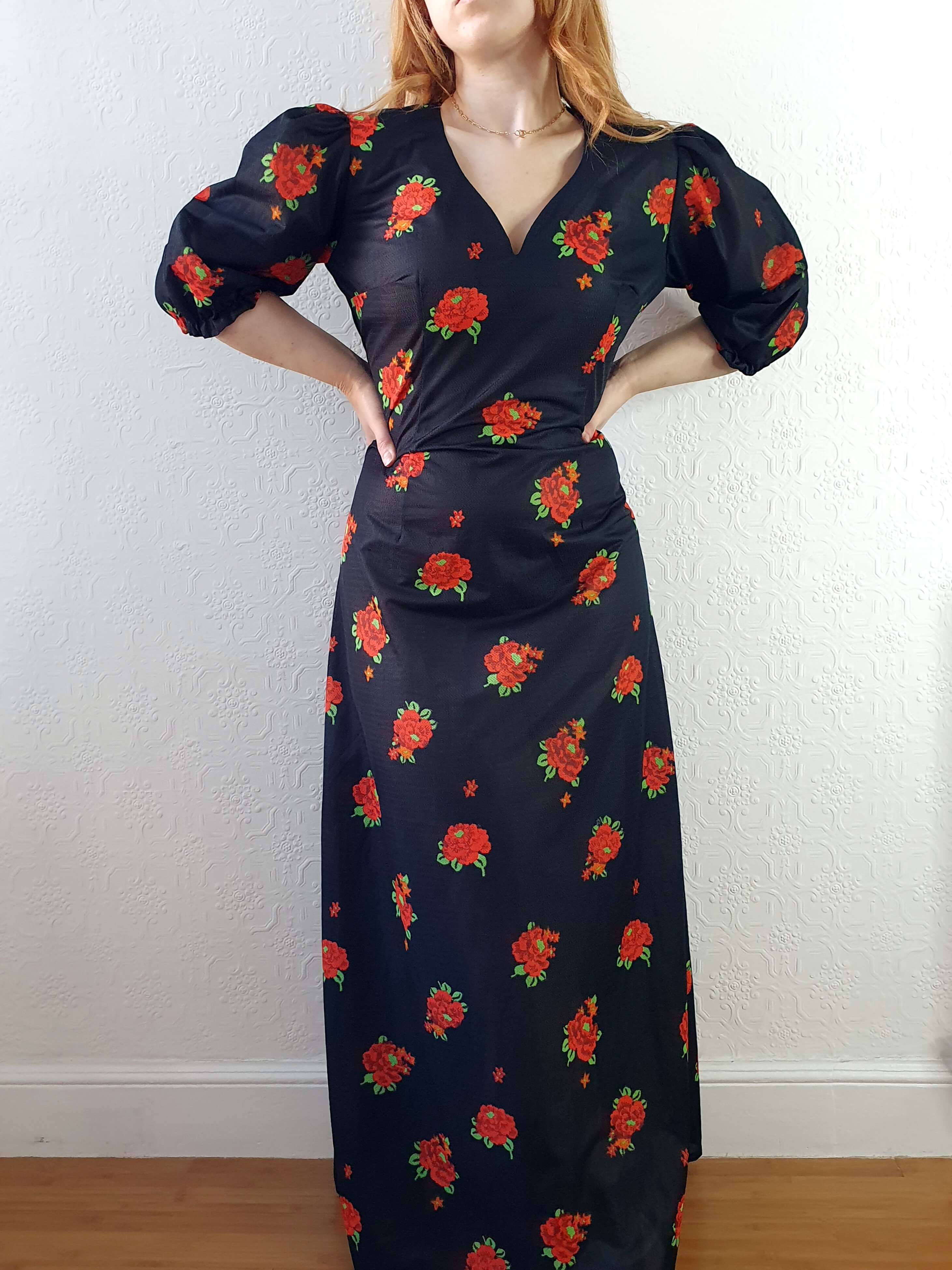 Vintage 70s Handmade Black Floral Puff Sleeve Maxi Dress - M