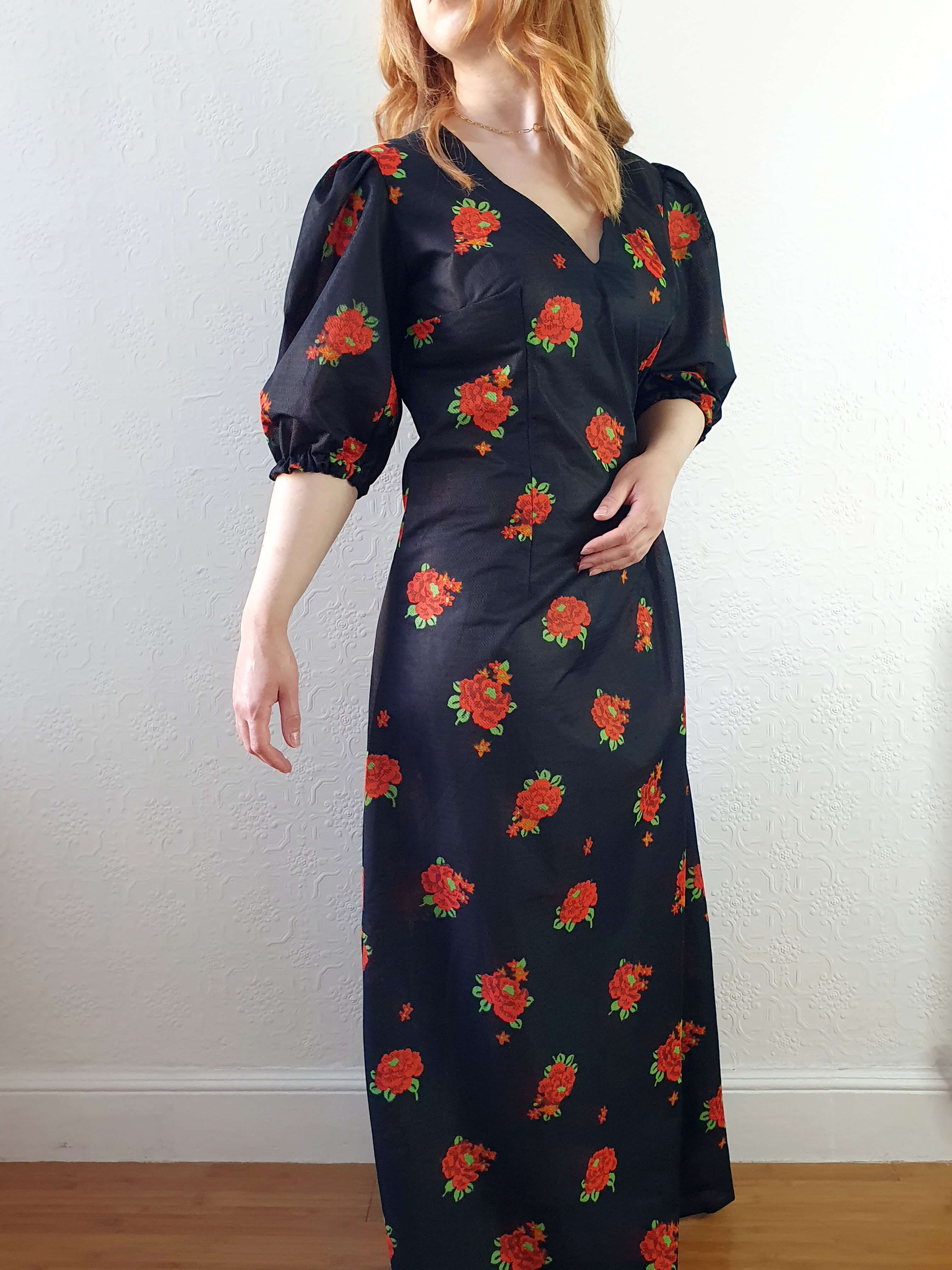 Vintage 70s Handmade Black Floral Puff Sleeve Maxi Dress - M - Image 2