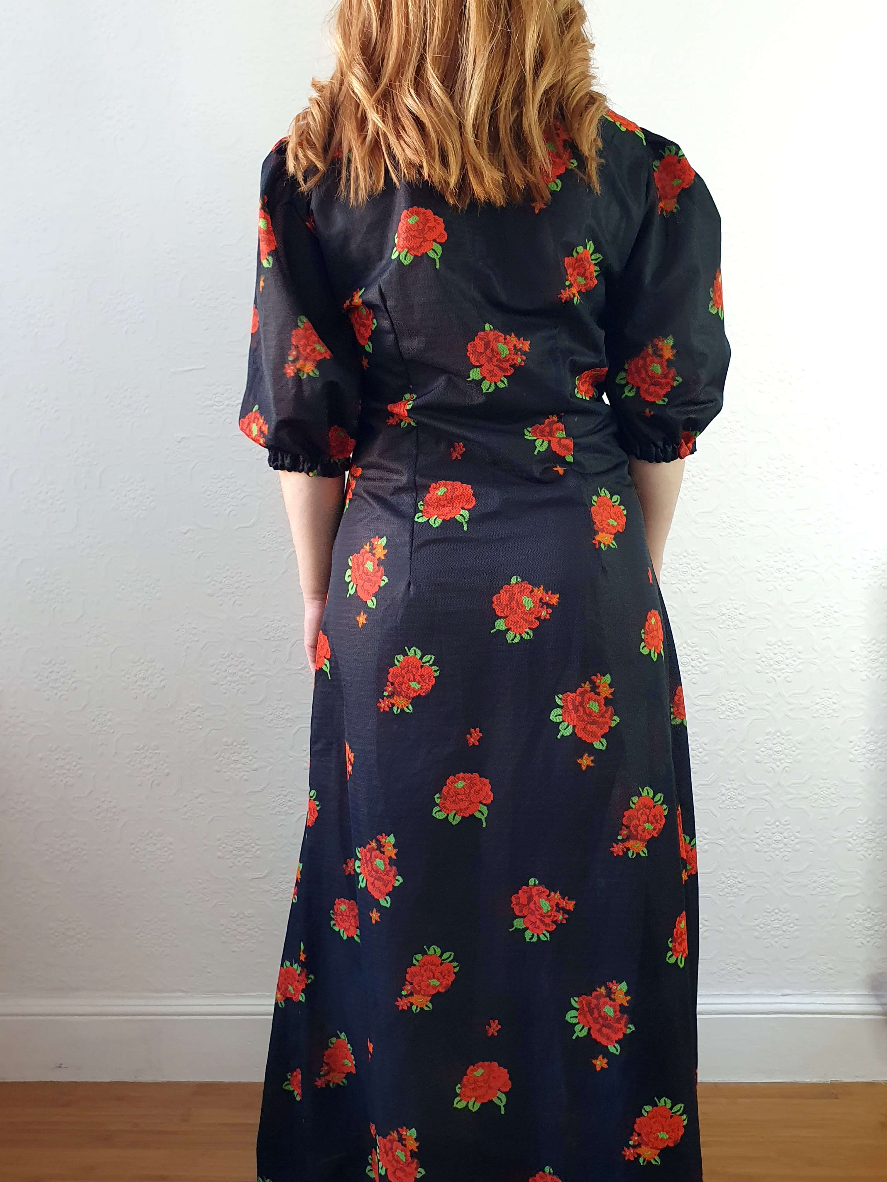 Vintage 70s Handmade Black Floral Puff Sleeve Maxi Dress - M - Image 3