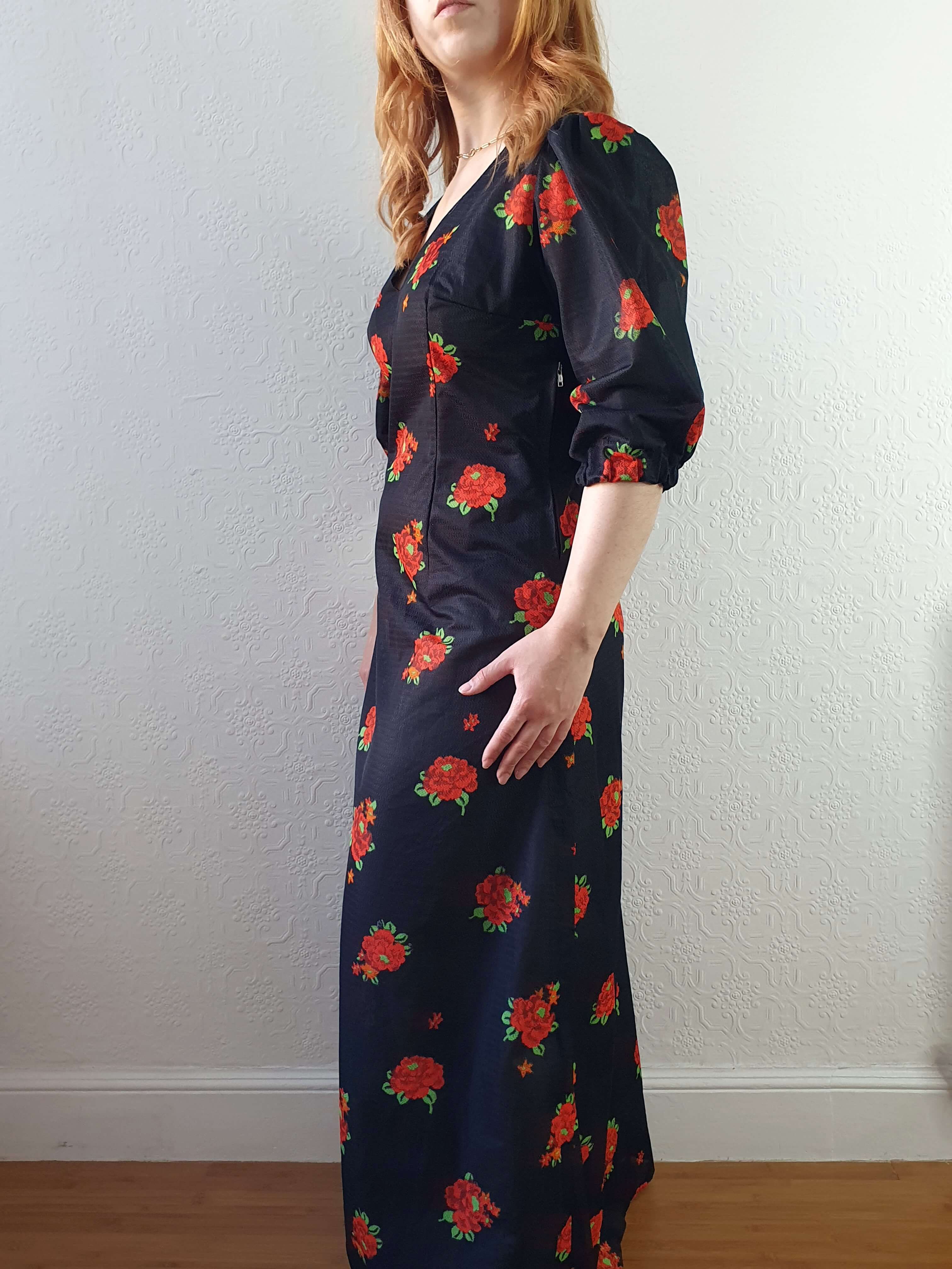 Vintage 70s Handmade Black Floral Puff Sleeve Maxi Dress - M - Image 4
