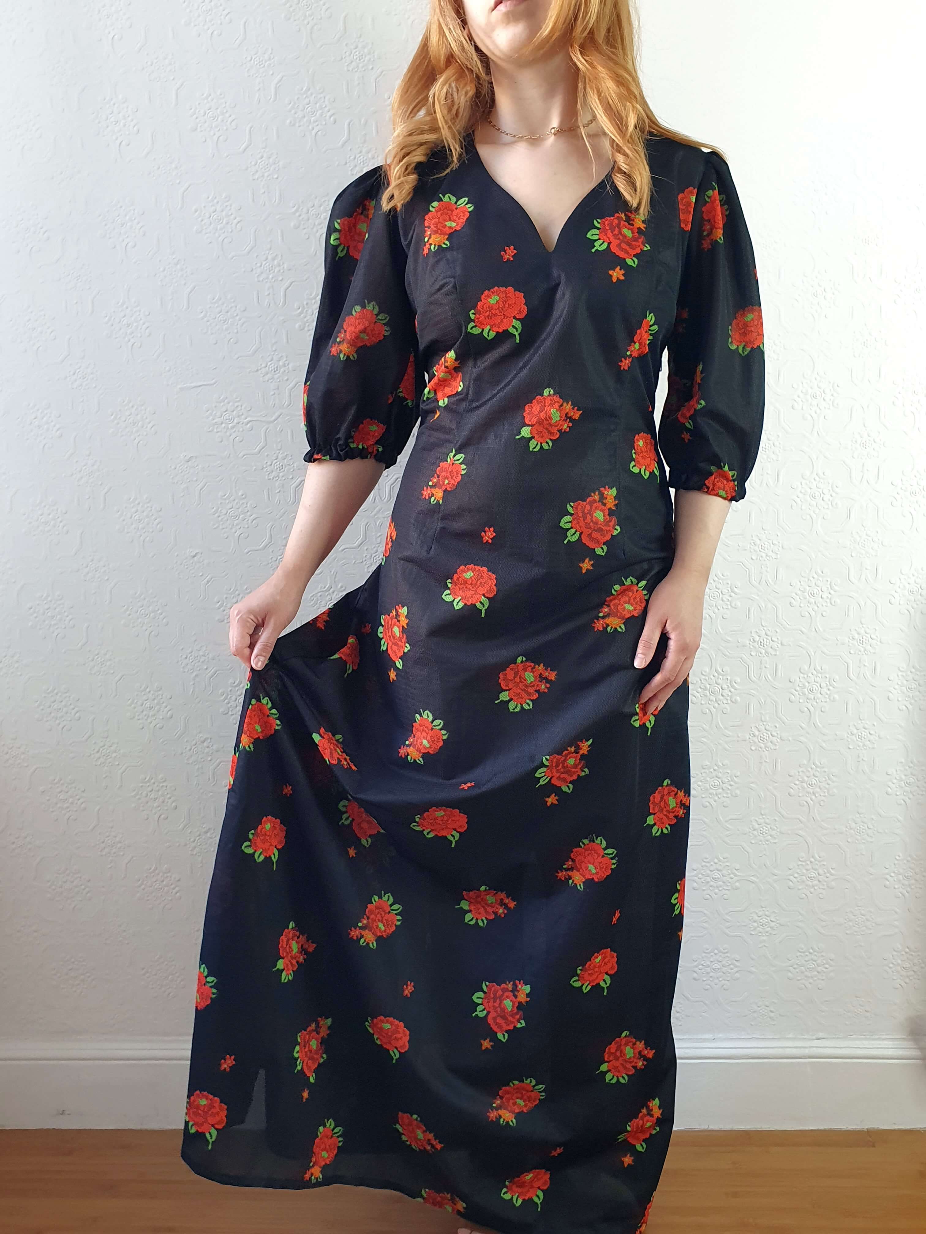 Vintage 70s Handmade Black Floral Puff Sleeve Maxi Dress - M - Image 5