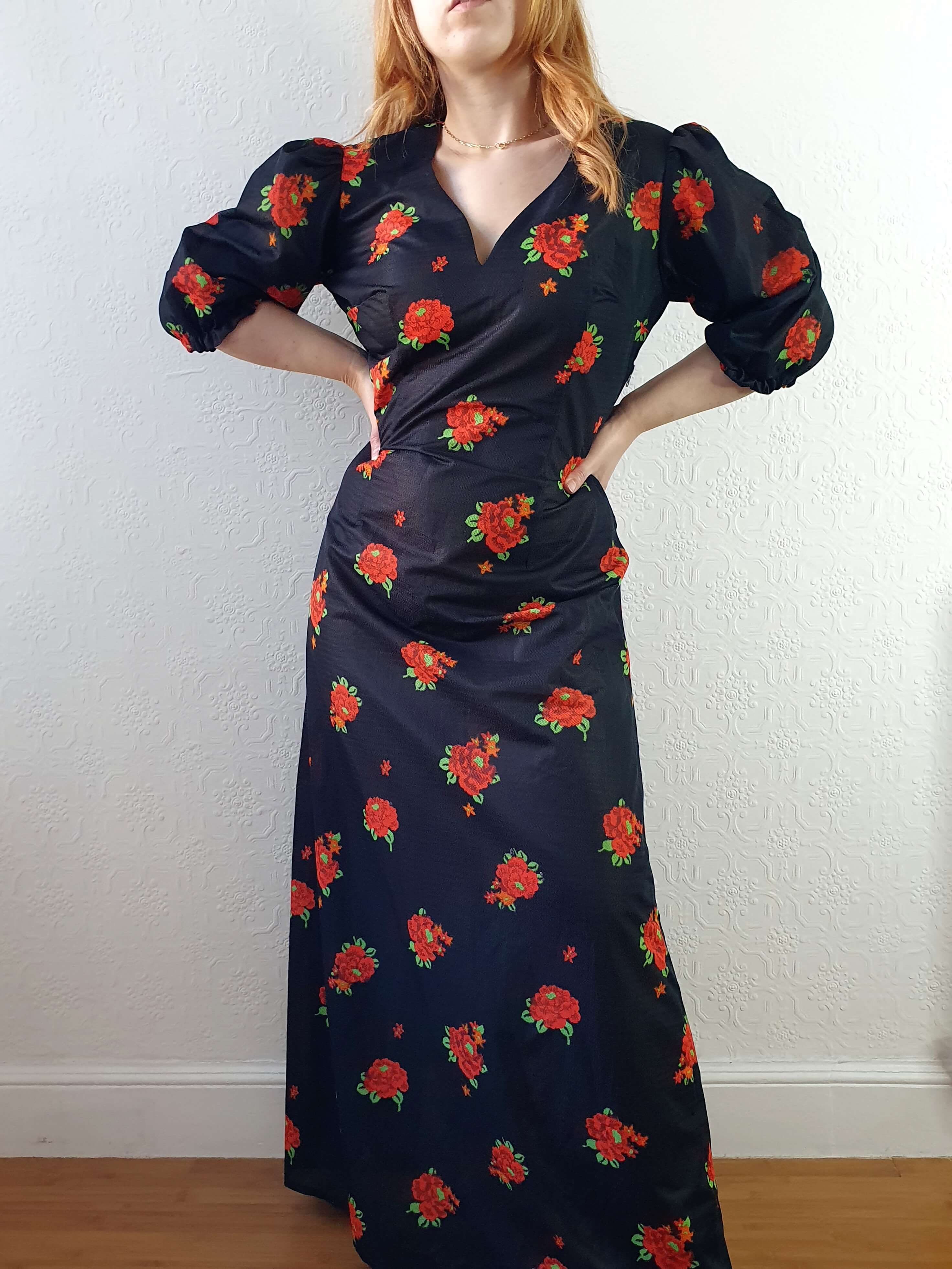 Vintage 70s Handmade Black Floral Puff Sleeve Maxi Dress - M - Image 6