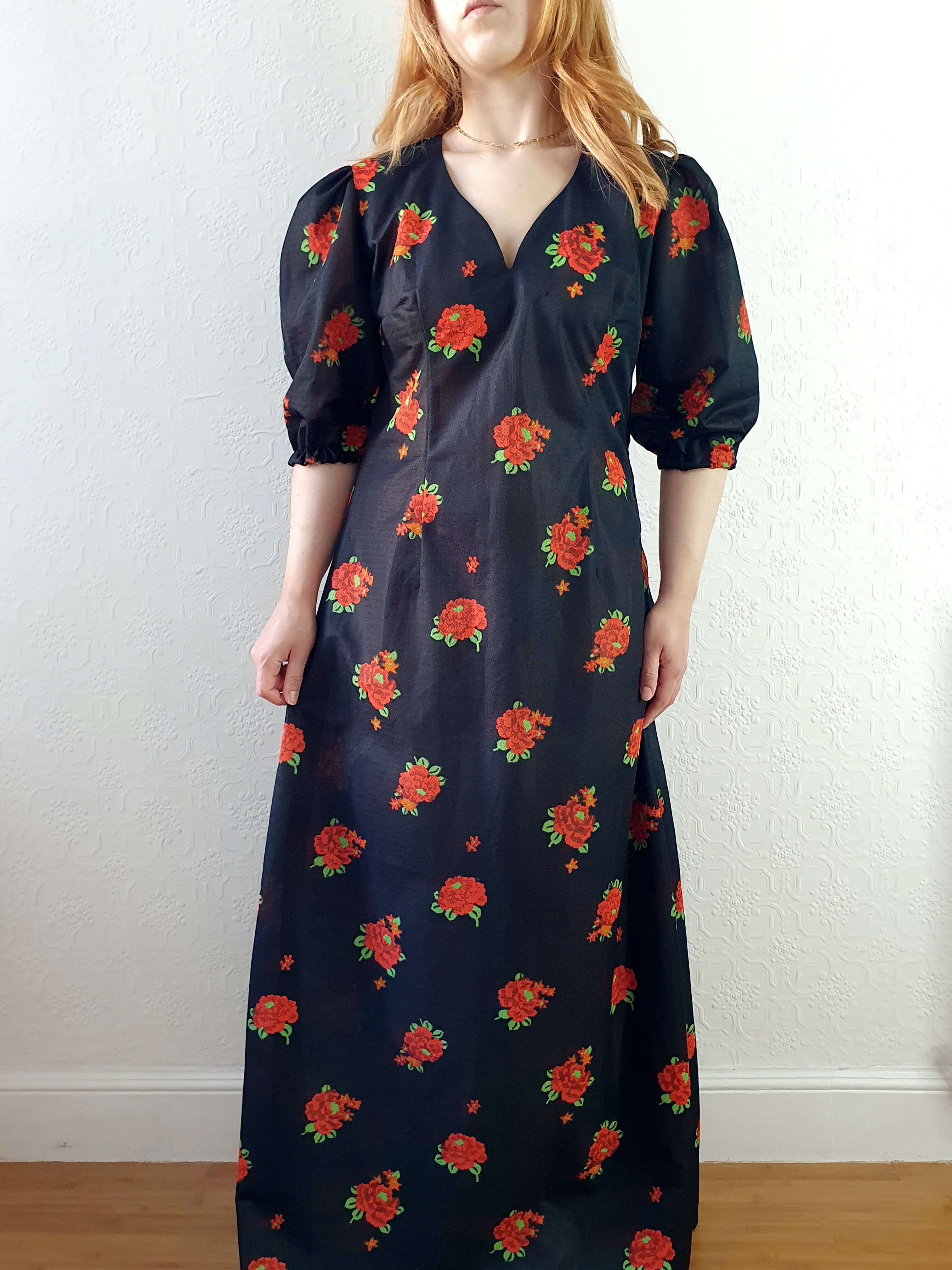 Vintage 70s Handmade Black Floral Puff Sleeve Maxi Dress - M - Image 7