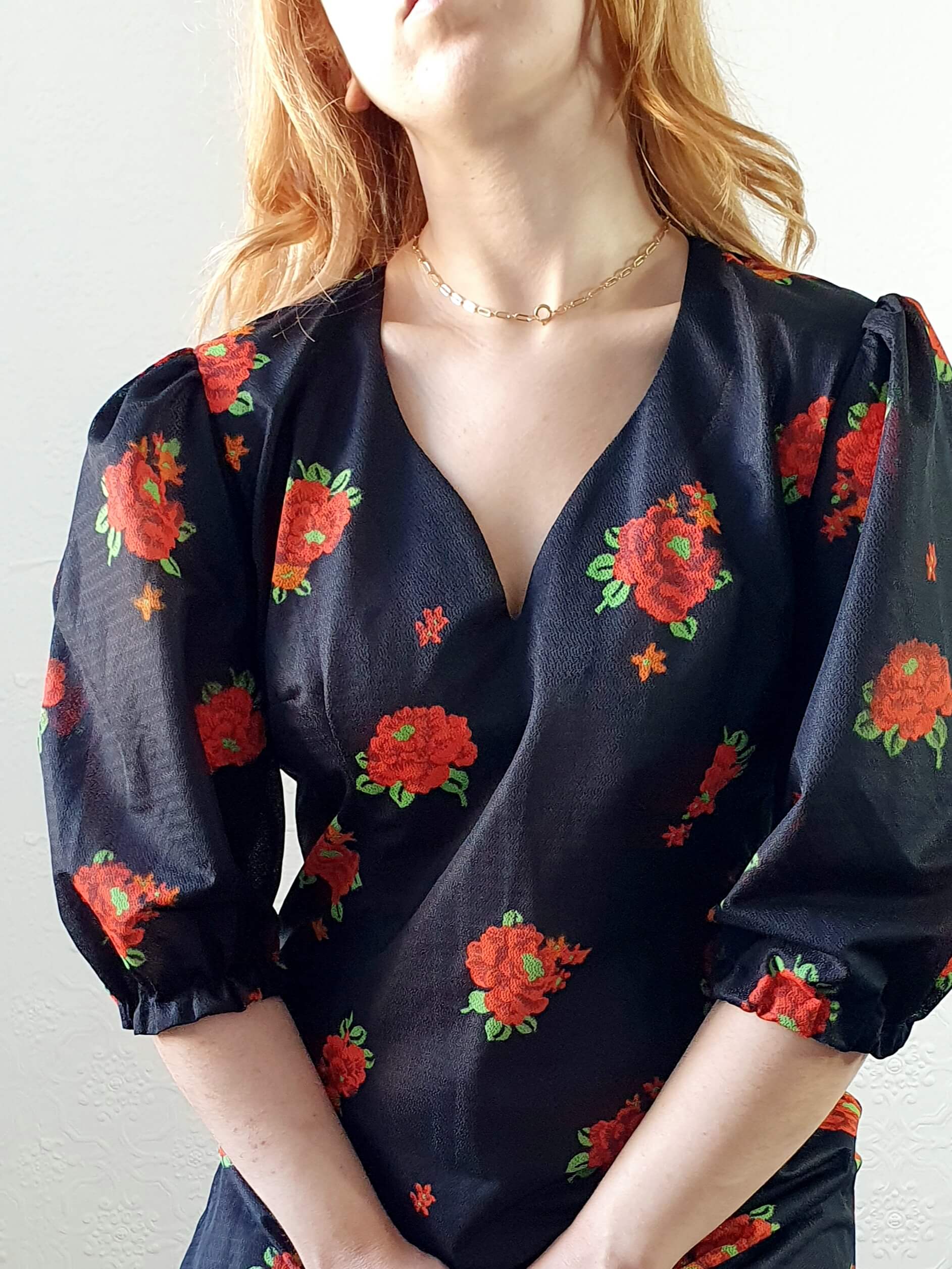 Vintage 70s Handmade Black Floral Puff Sleeve Maxi Dress - M - Image 8