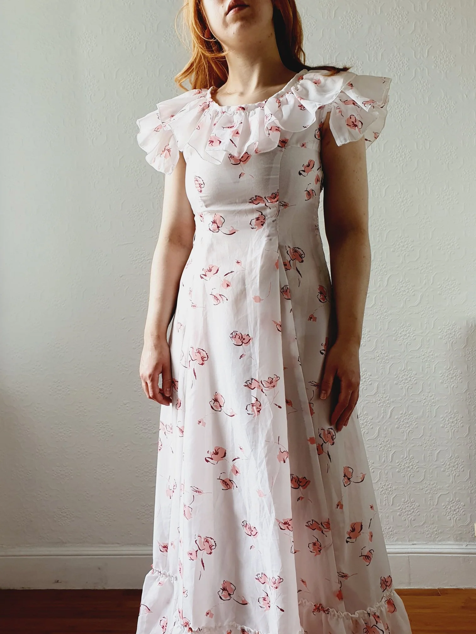 Vintage 70s Handmade White Floral Cap Sleeve Maxi Dress - XS - Image 10