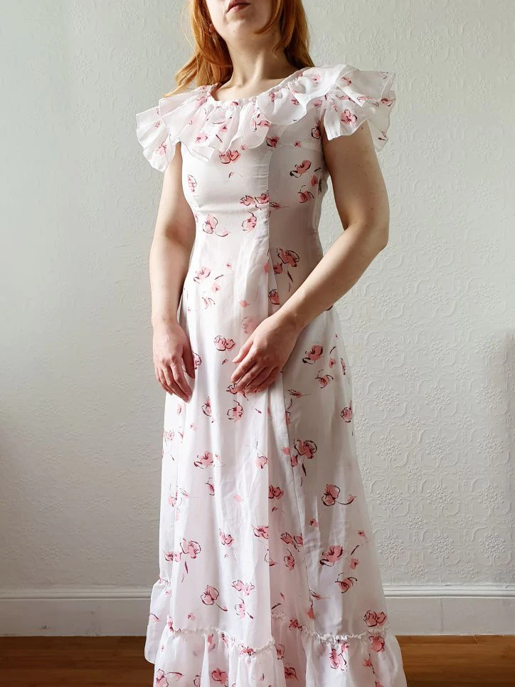 Vintage 70s Handmade White Floral Cap Sleeve Maxi Dress - XS - Image 11