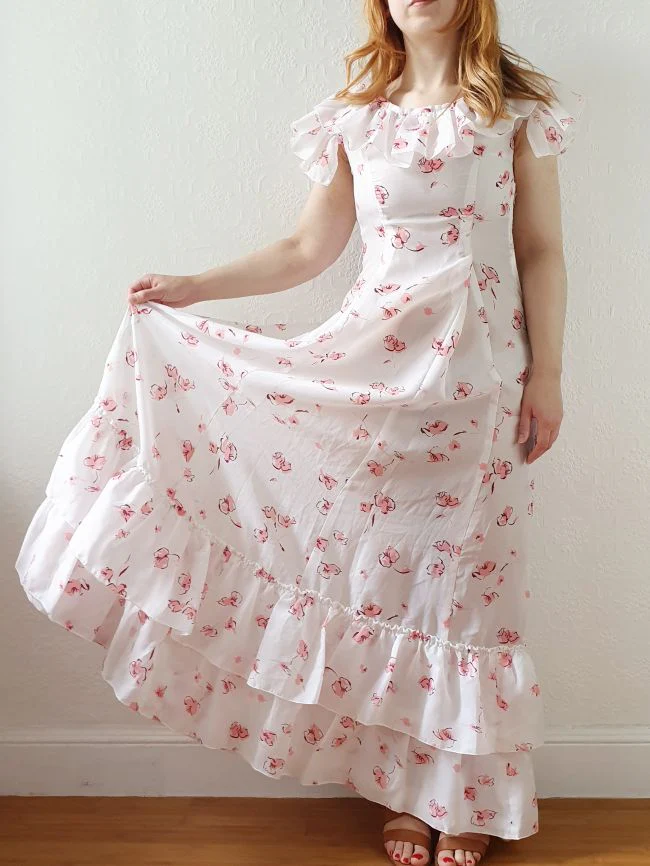 Vintage 70s Handmade White Floral Cap Sleeve Maxi Dress - XS - Image 2