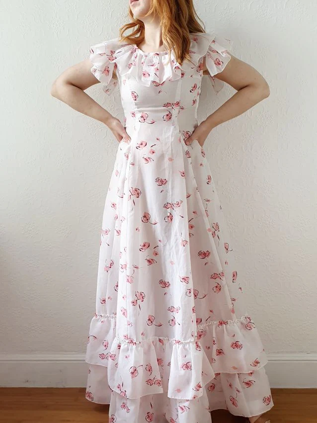Vintage 70s Handmade White Floral Cap Sleeve Maxi Dress - XS - Image 3