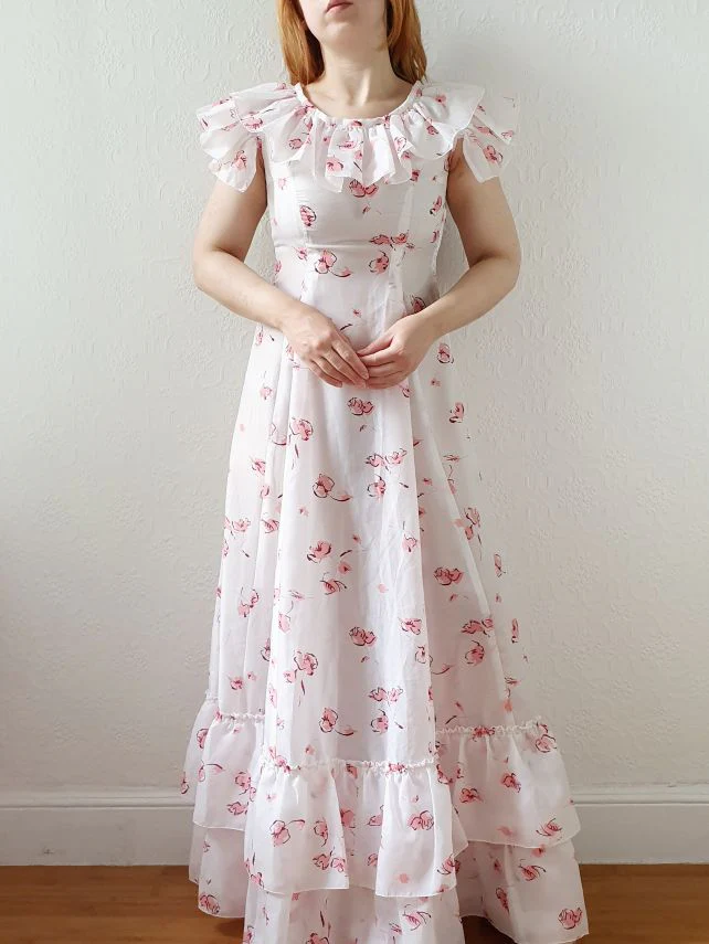 Vintage 70s Handmade White Floral Cap Sleeve Maxi Dress - XS - Image 4