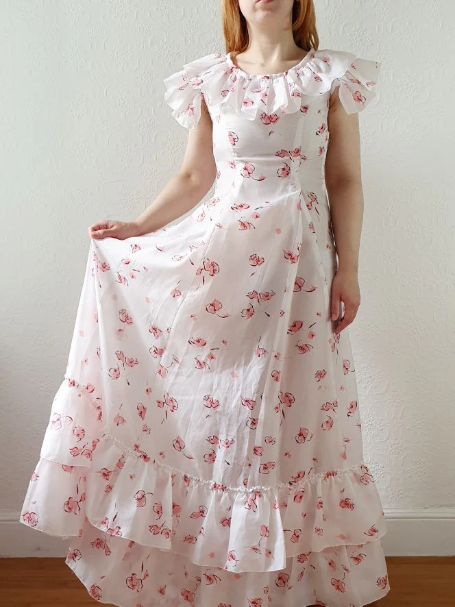 Vintage 70s Handmade White Floral Cap Sleeve Maxi Dress - XS - Image 5