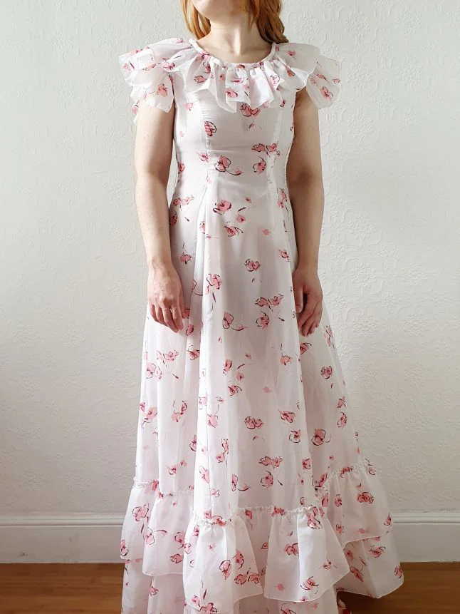 Vintage 70s Handmade White Floral Cap Sleeve Maxi Dress - XS - Image 6