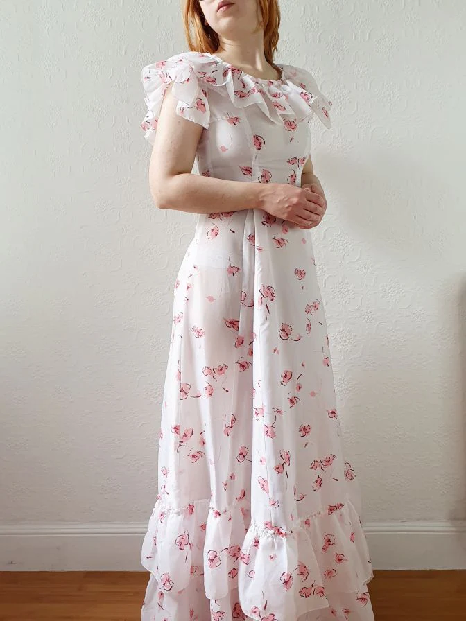 Vintage 70s Handmade White Floral Cap Sleeve Maxi Dress - XS - Image 7