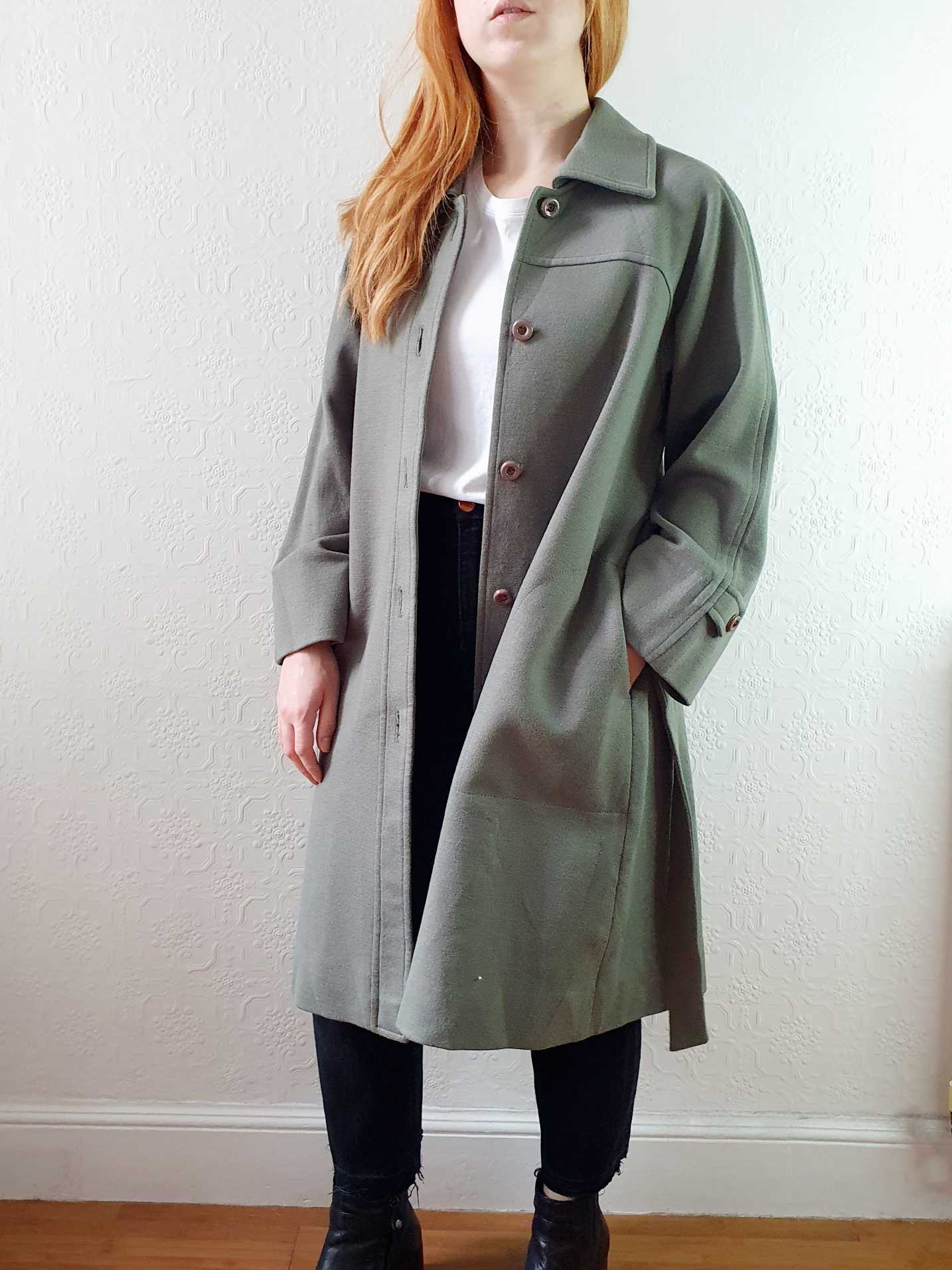 Vintage 70s Khaki Coat Wool with Belt - M