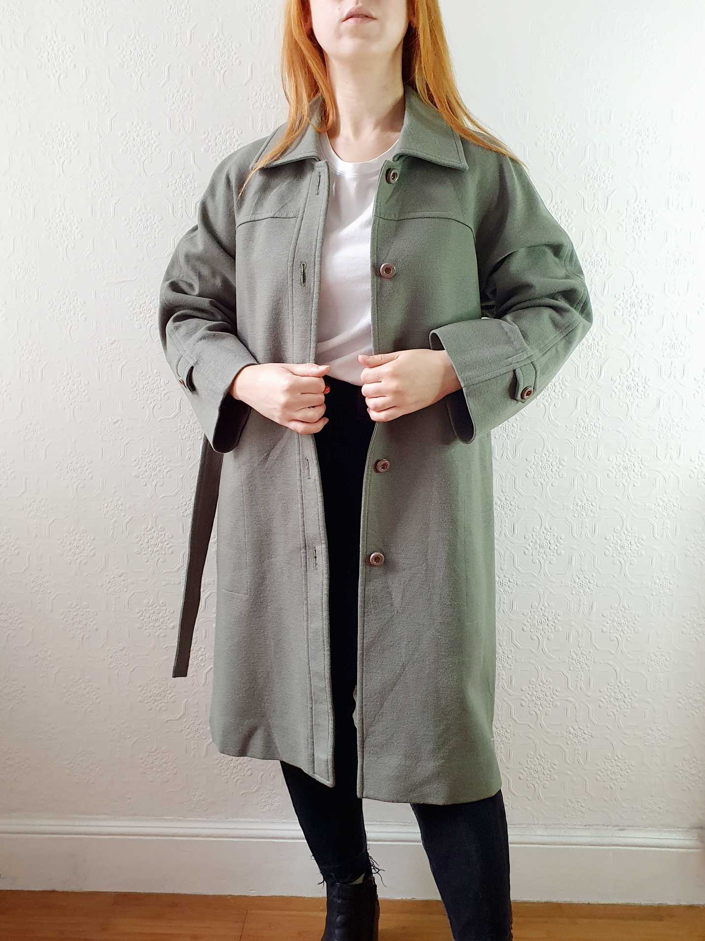 Vintage 70s Khaki Coat Wool with Belt - M - Image 2