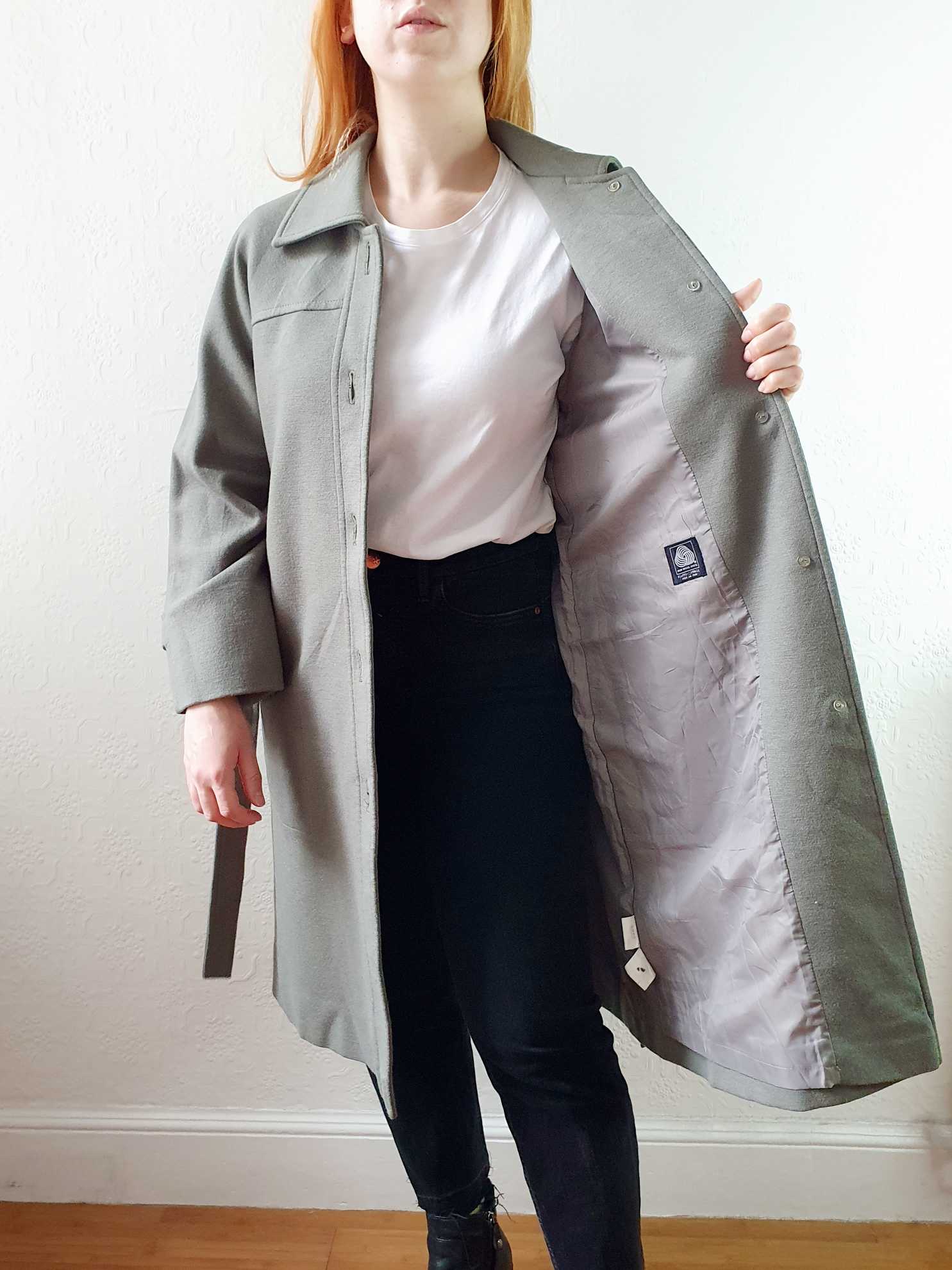 Vintage 70s Khaki Coat Wool with Belt - M - Image 3