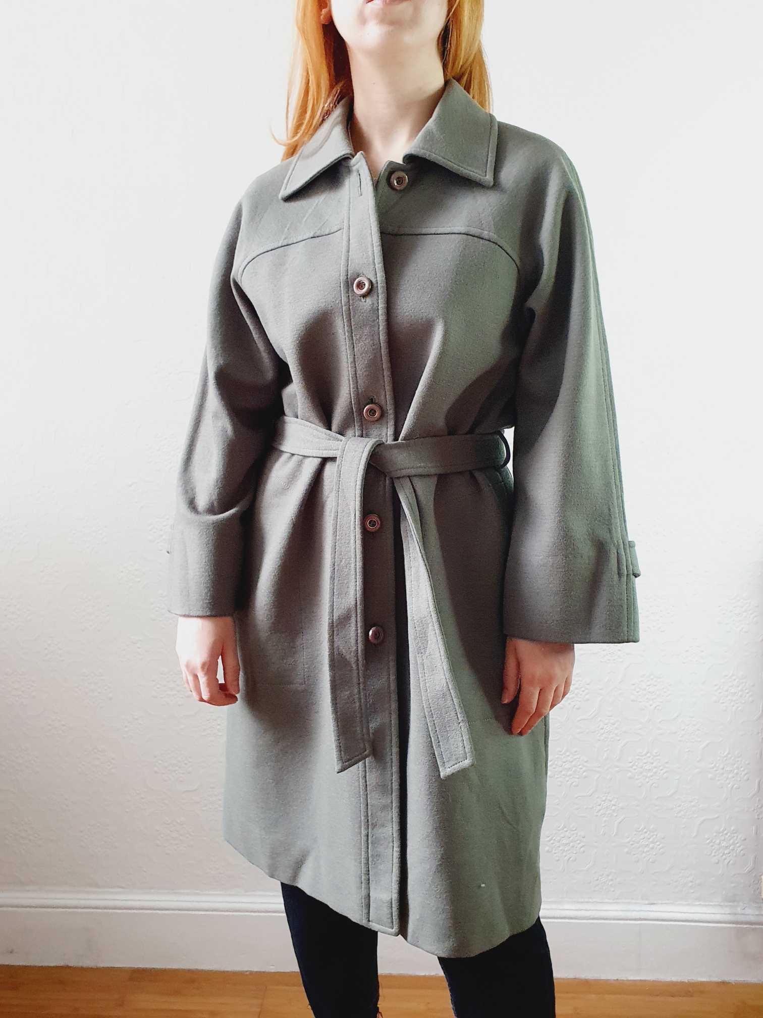 Vintage 70s Khaki Coat Wool with Belt - M - Image 4