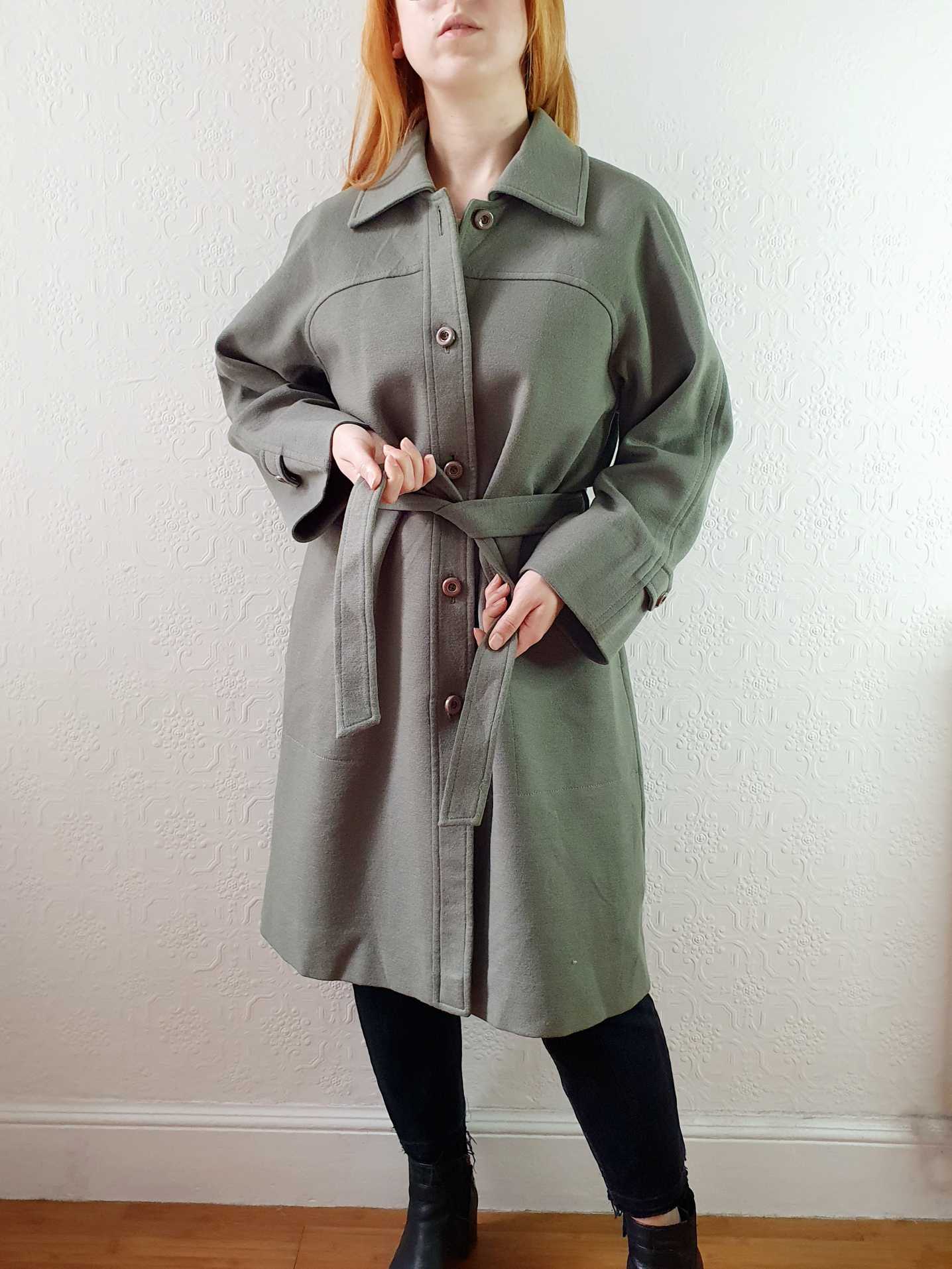 Vintage 70s Khaki Coat Wool with Belt - M - Image 5