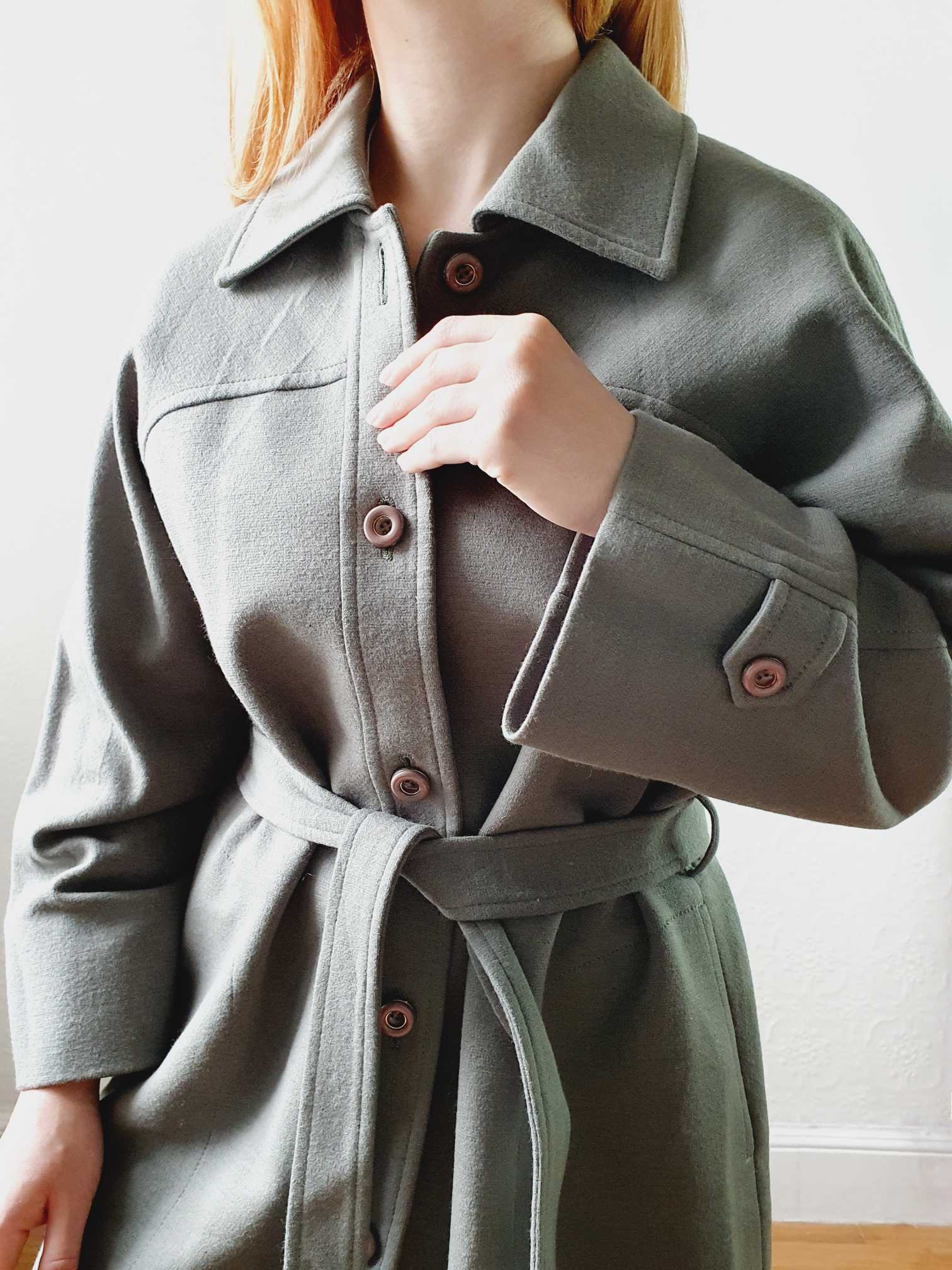 Vintage 70s Khaki Coat Wool with Belt - M - Image 6